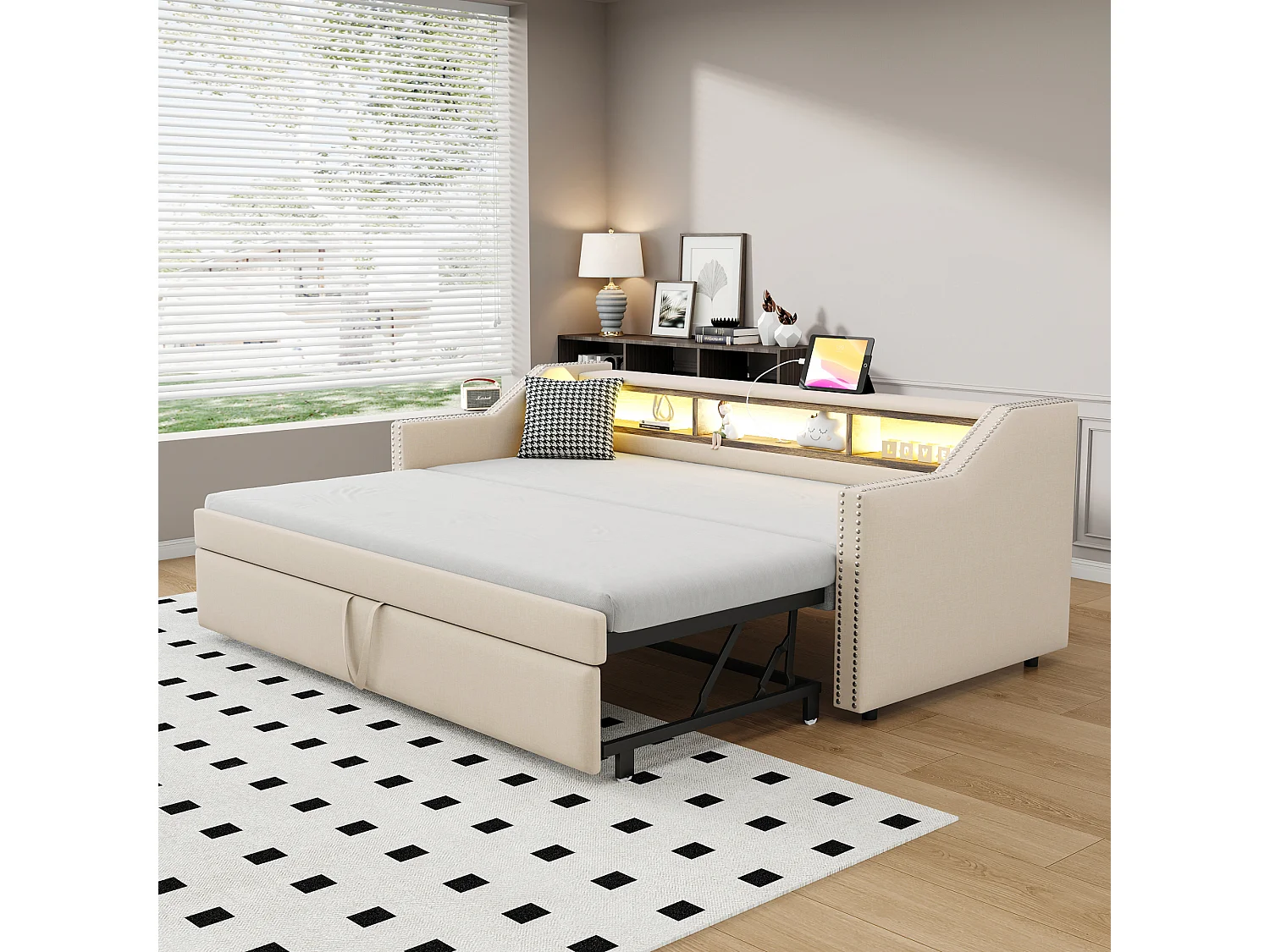 Łóżko dziecięce wysuwane 90/180 x 190 cm - Tkanina lniana - Diody LED i port USB - kolor beżowy 3754780 - obrazek 1