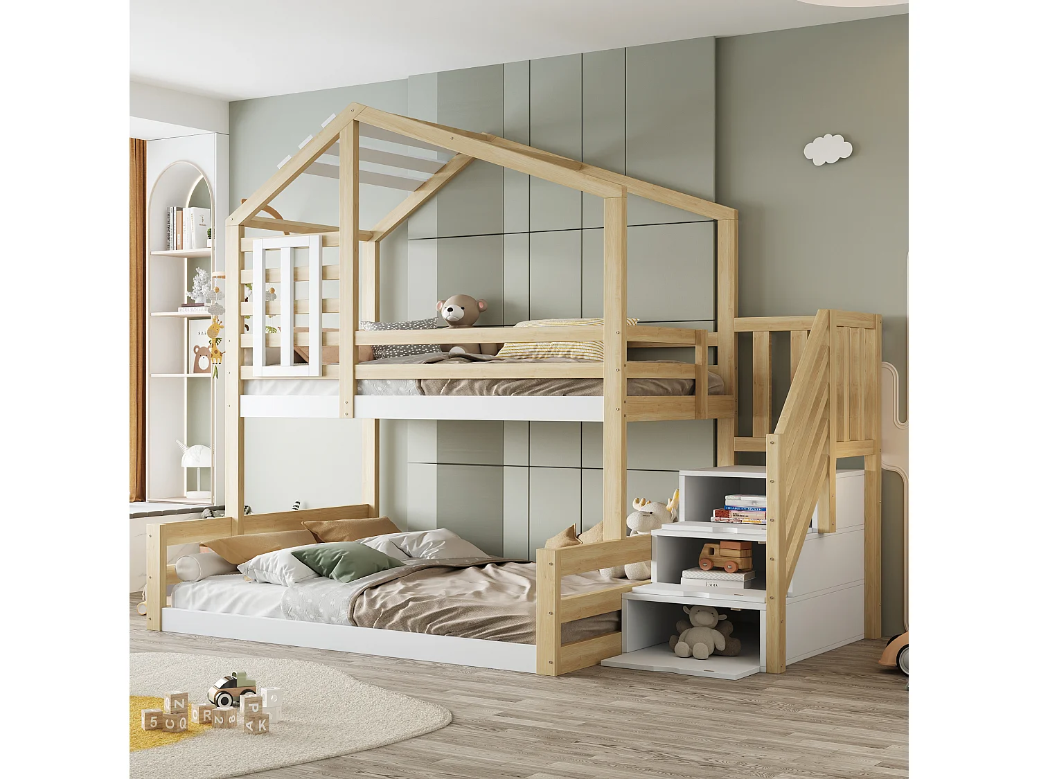Łóżko piętrowe dla dzieci – 90 x 200 cm + 140 x 200 cm – z oknem + barierką + drabinką – drewno – naturalne 3754807