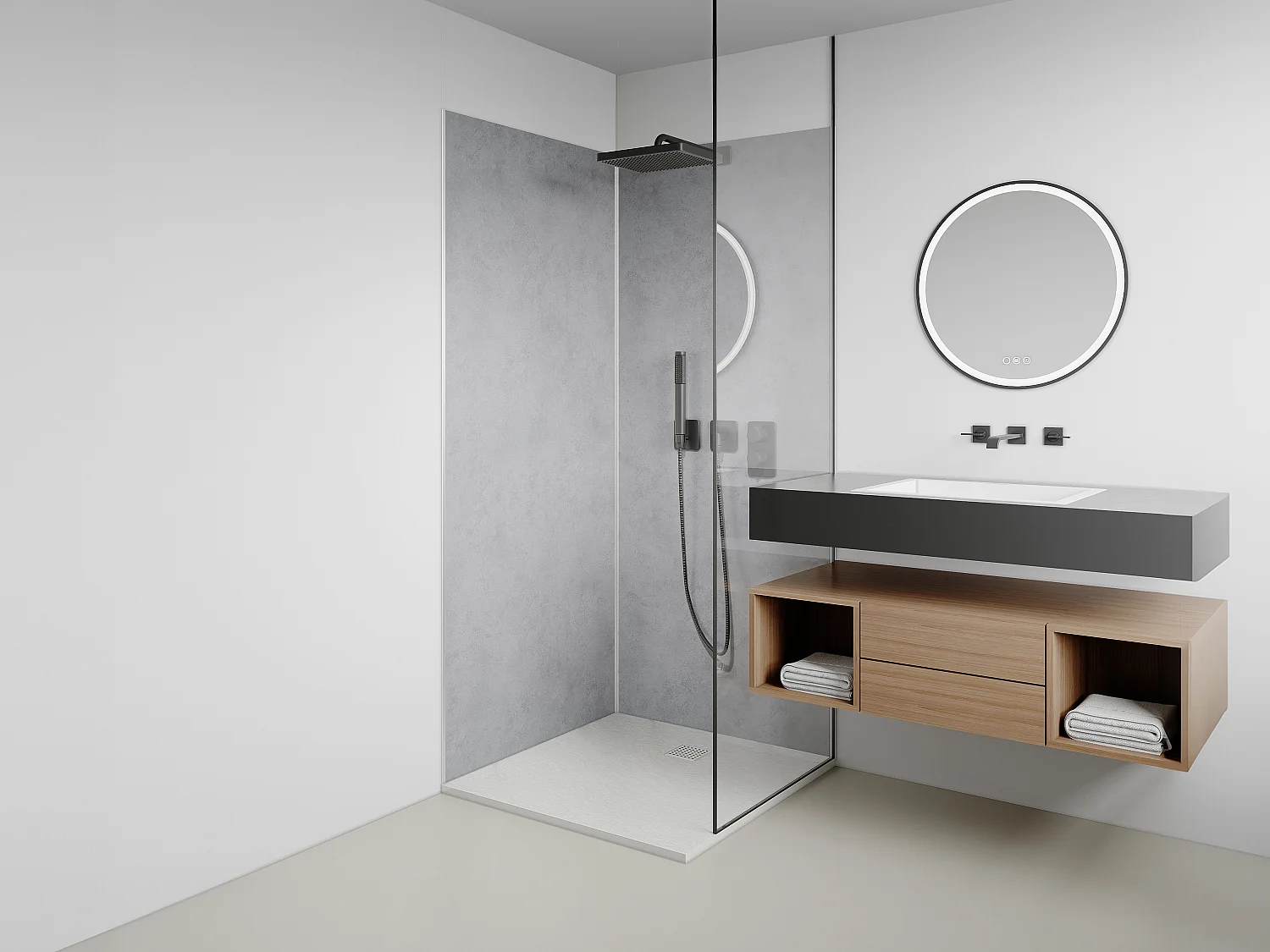 Zestaw 2 paneli ściennych aluminiowych pod prysznic z efektem polerowanego betonu z profilami – 2 x szer. 90 x wys. 210 cm – ARFINO 2895759