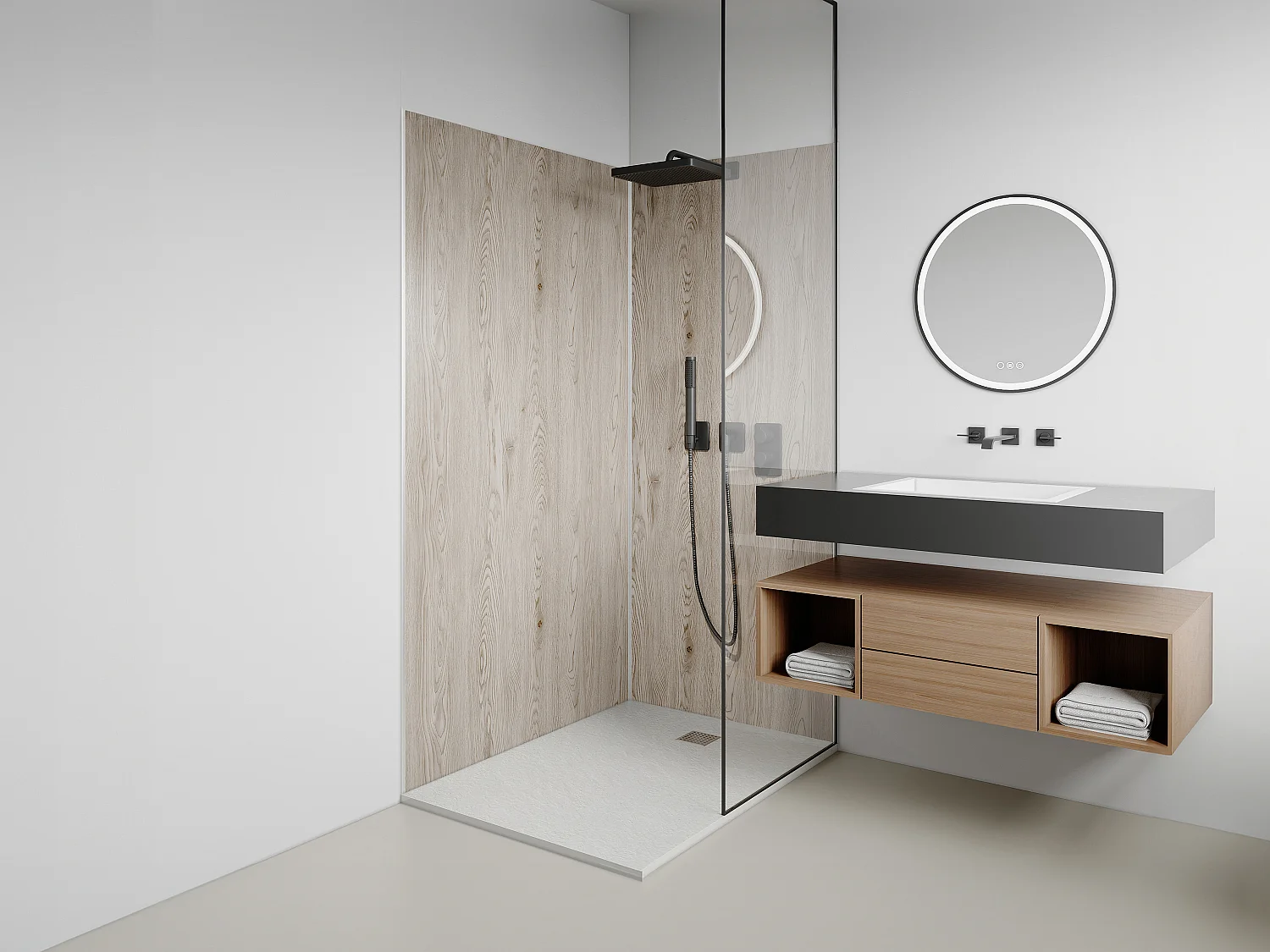Zestaw 2 paneli ściennych aluminiowych pod prysznic z efektem jasnego drewna z profilami - szer. 90 x szer. 120 x wys. 210 cm - ENEKO 2895764 - obrazek 1