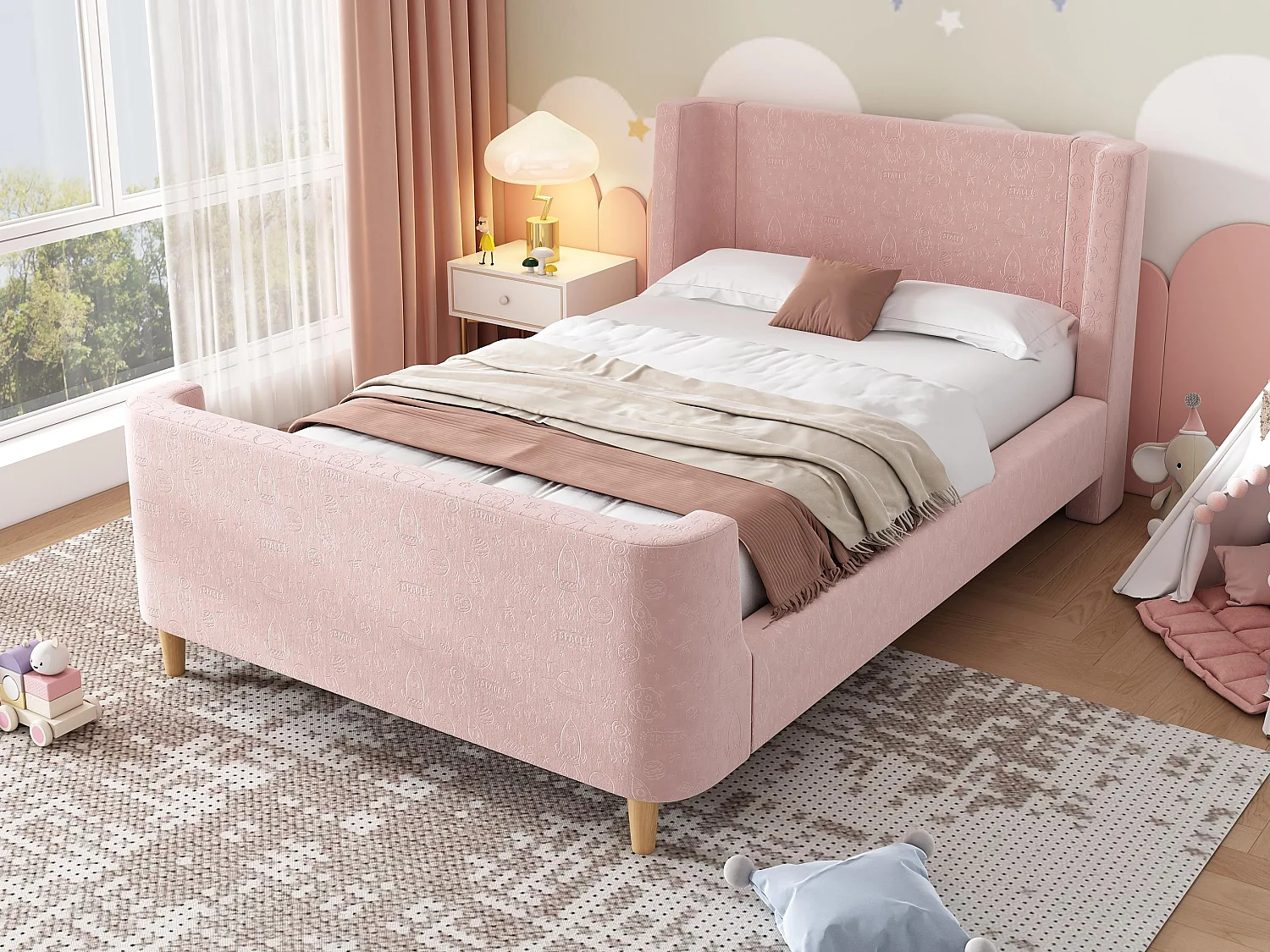 Łóżko dziecięce 90x200 cm tapicerowane welurem różowym (materac nie jest w zestawie) 3758860 - obrazek 1