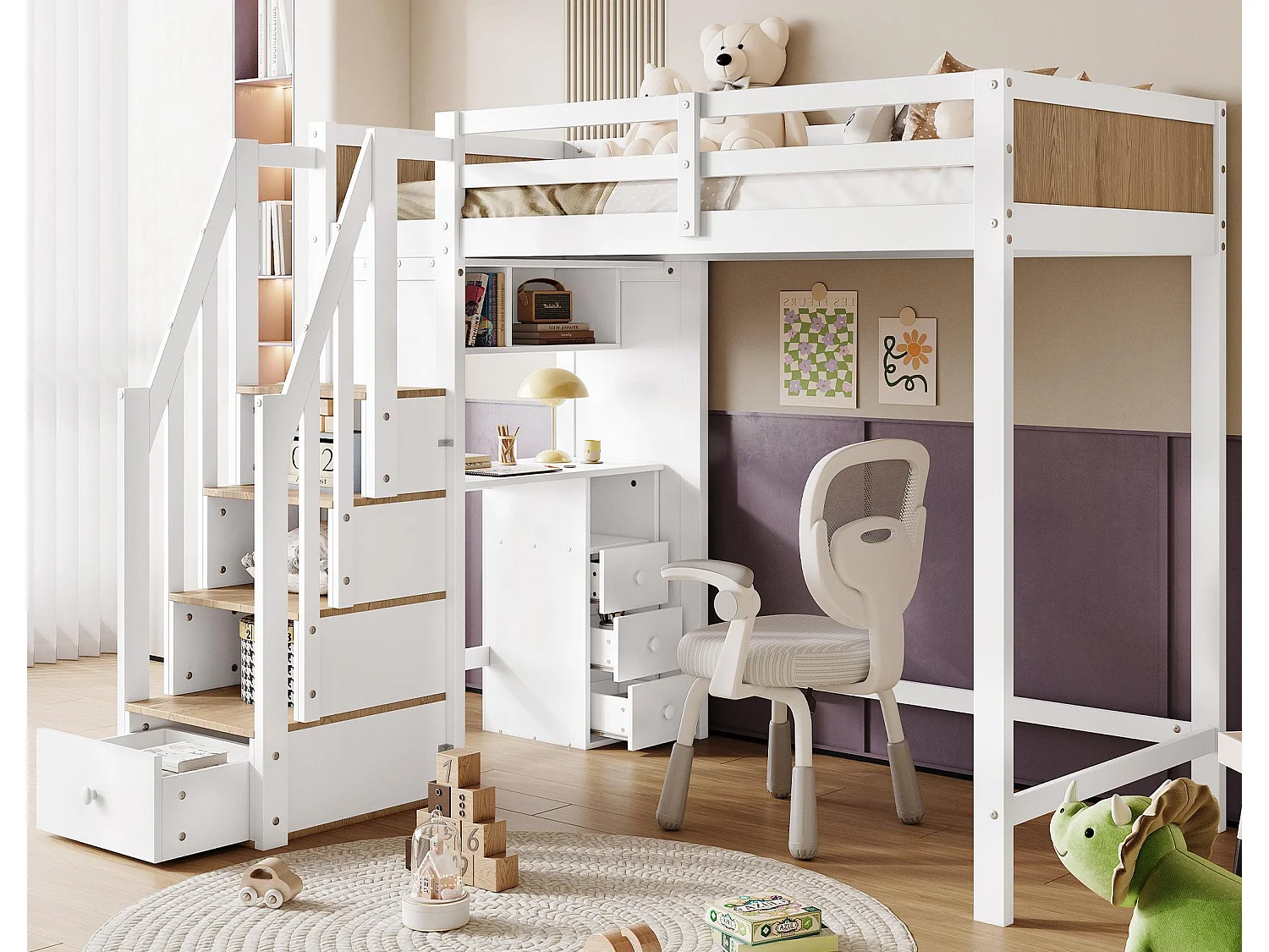Łóżko mezzanine z drewna - 90x200 cm - z biurkiem, półkami i schodami do przechowywania - Białe 3761677 - obrazek 1