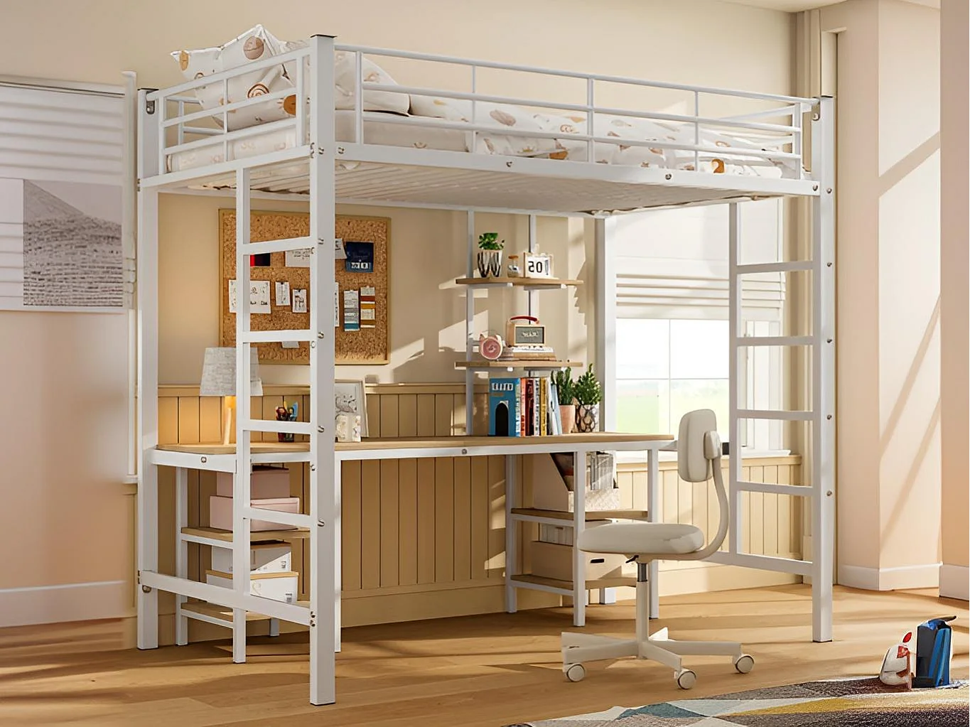 Łóżko mezzanine 90x200 cm - z biurkiem i półkami - stalowa rama - Biały 3761680 - obrazek 1