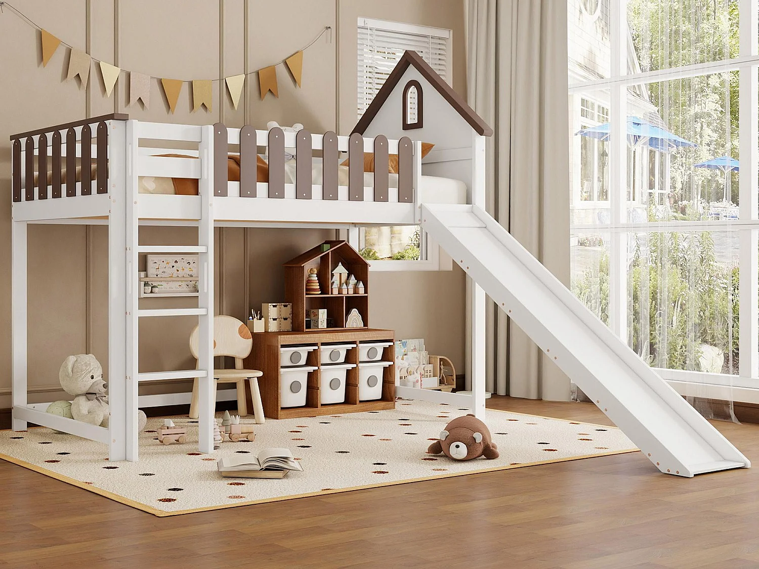 Łóżko mezzanine 90x200 cm z drabiną i zjeżdżalnią - z drewna sosnowego i MDF - Białe i Brązowe 3770484 - obrazek 1