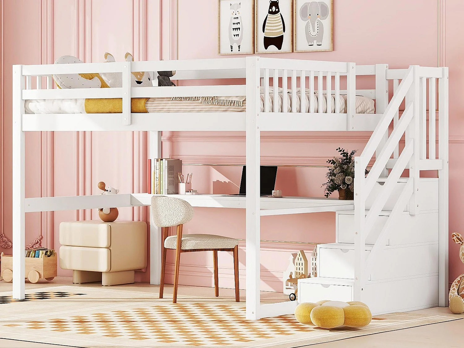 Łóżko mezzanine z drewna sosnowego - 140x200cm - z schodami do przechowywania i biurkiem - z stelażem na listwy - Białe 2125137 - obrazek 1