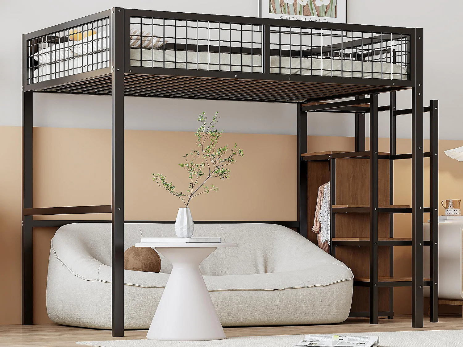Łóżko mezzanine dla dzieci 140x200 cm z metalową konstrukcją - z drabiną do przechowywania i szafą - Czarny 3285835 - obrazek 1