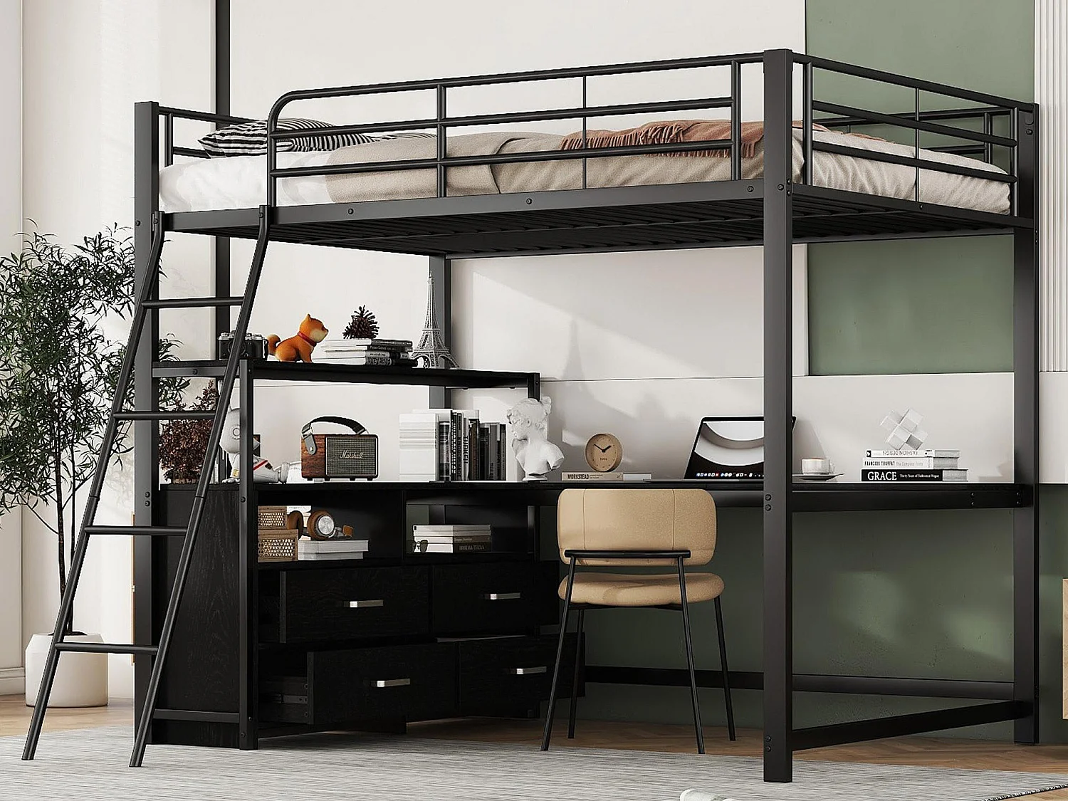 Łóżko mezzanine 140x200cm - biurko narożne z szufladami - z MDF i metalu - Czarny 3775363 - obrazek 1