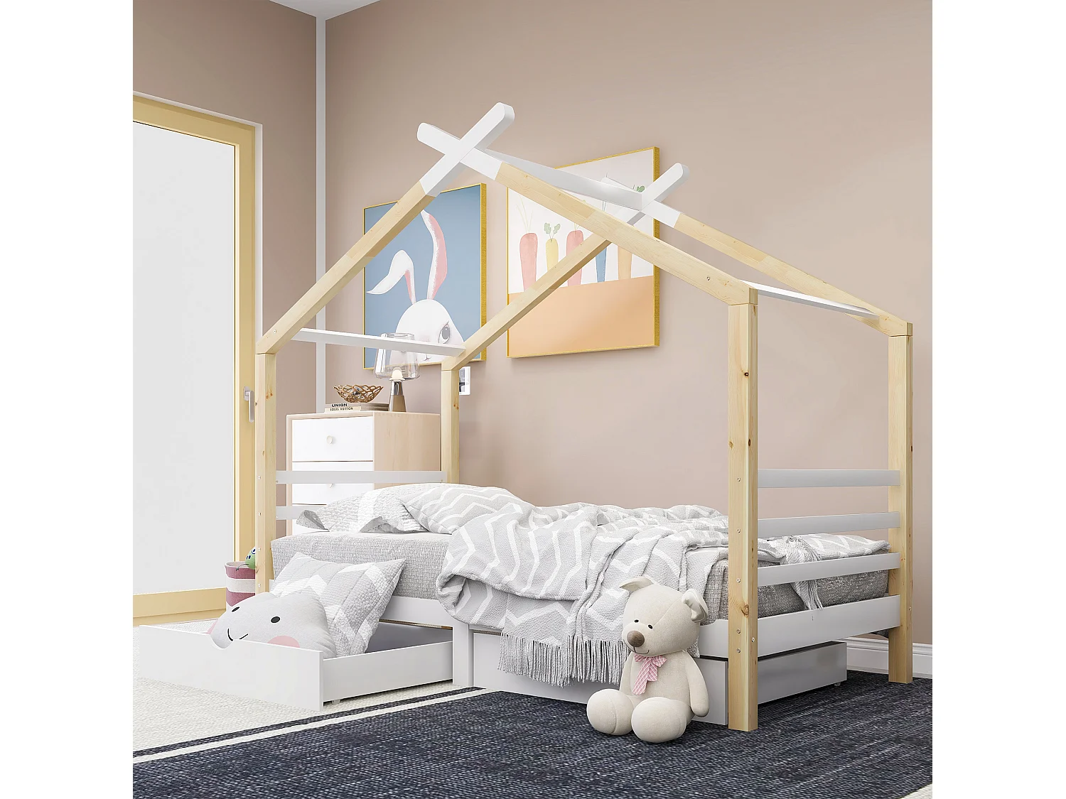 Łóżko kabinowe 90 x 200 cm z 2 szufladami – Lite drewno – Podstawa z listew – Biały + kolor drewna (Bez materaca) 1673501