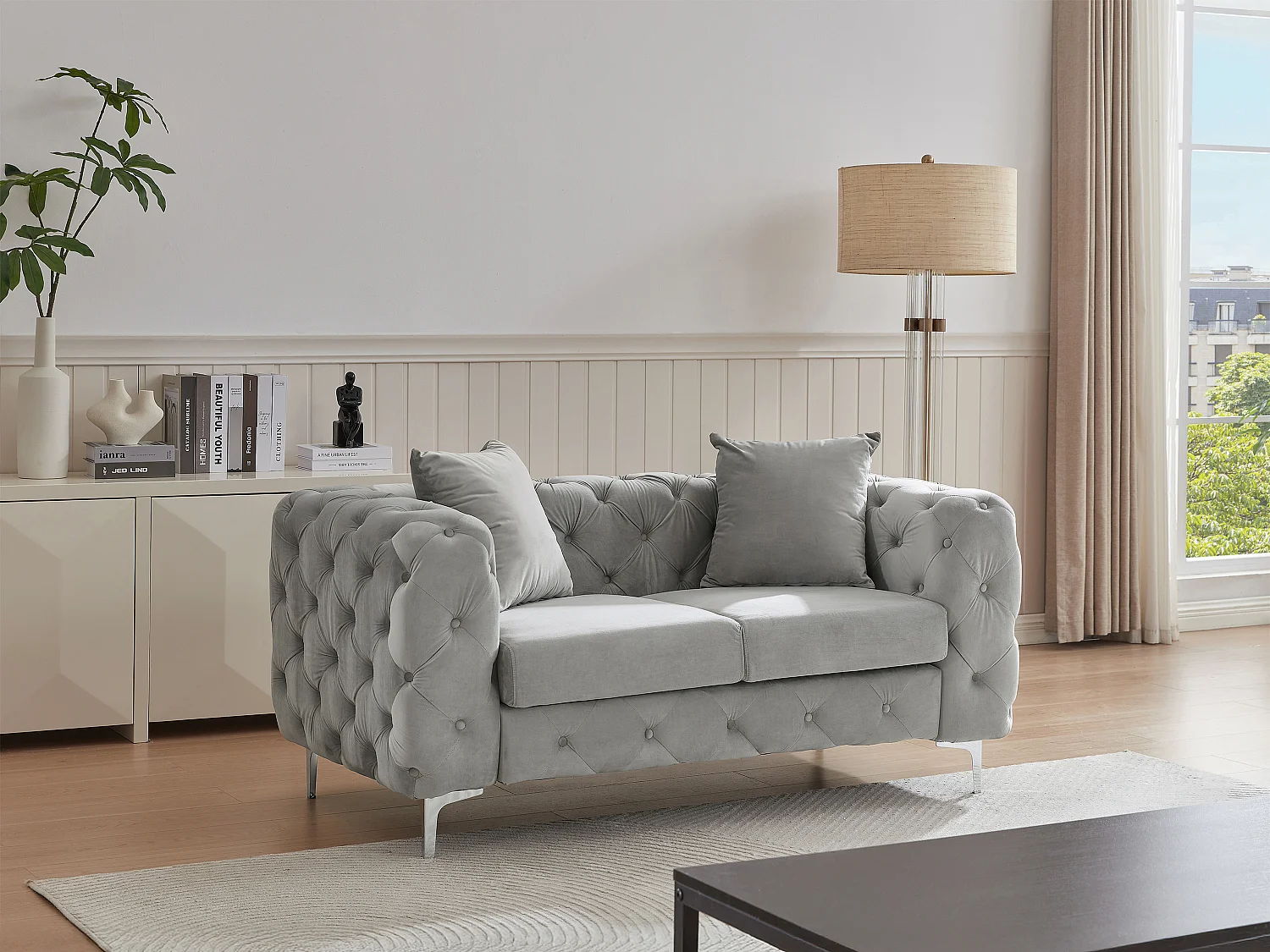 Kanapa 2-osobowa chesterfield z jasnoszarego weluru – EDWINA 3182905