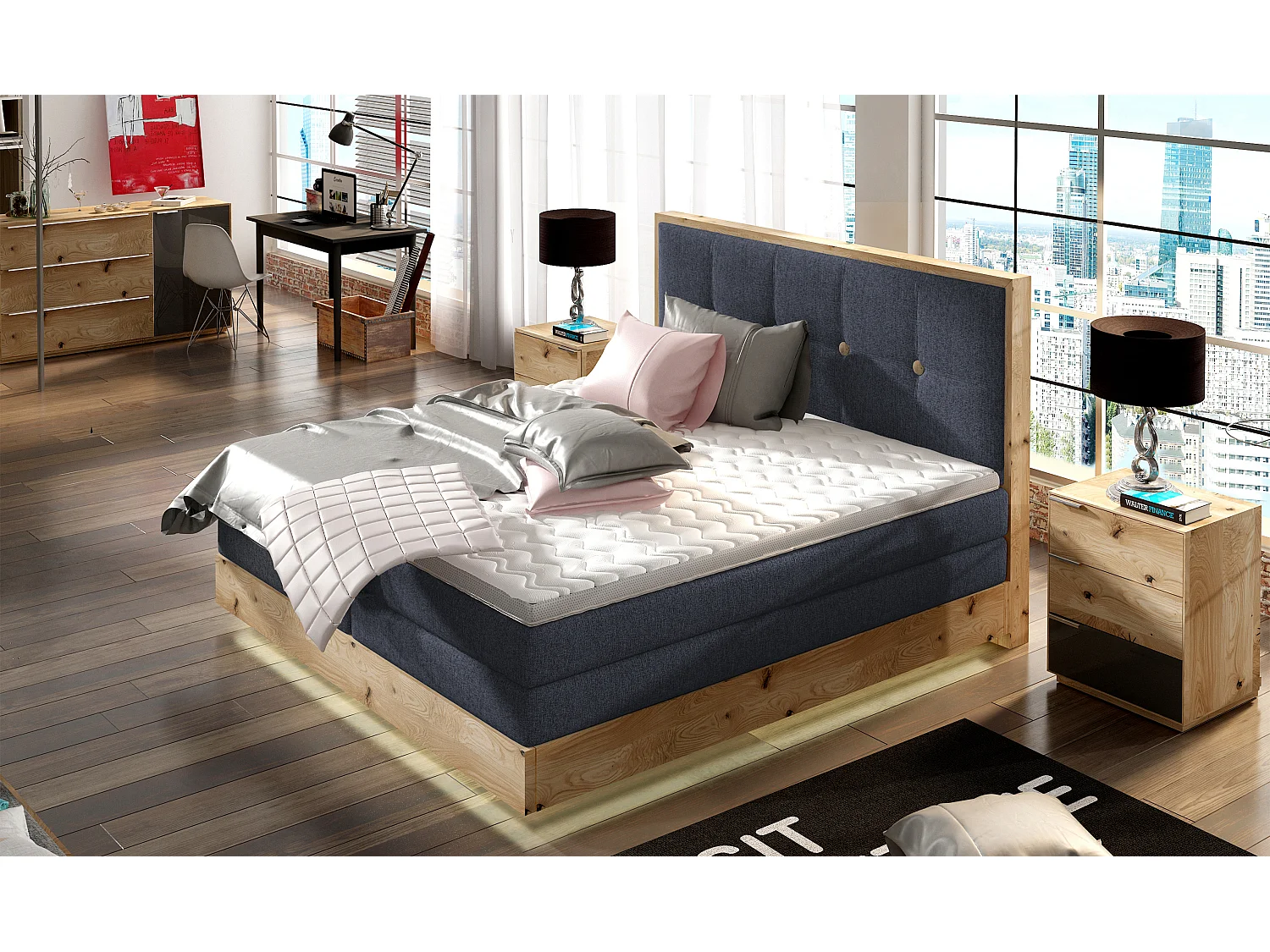 Łóżko Boxspring z litego drewna ze zintegrowanym pojemnikiem na materac i wezgłowiem - Model ETNO lite drewno Premium Comfort 160x200 cm Niebieski 3862410 - obrazek 1