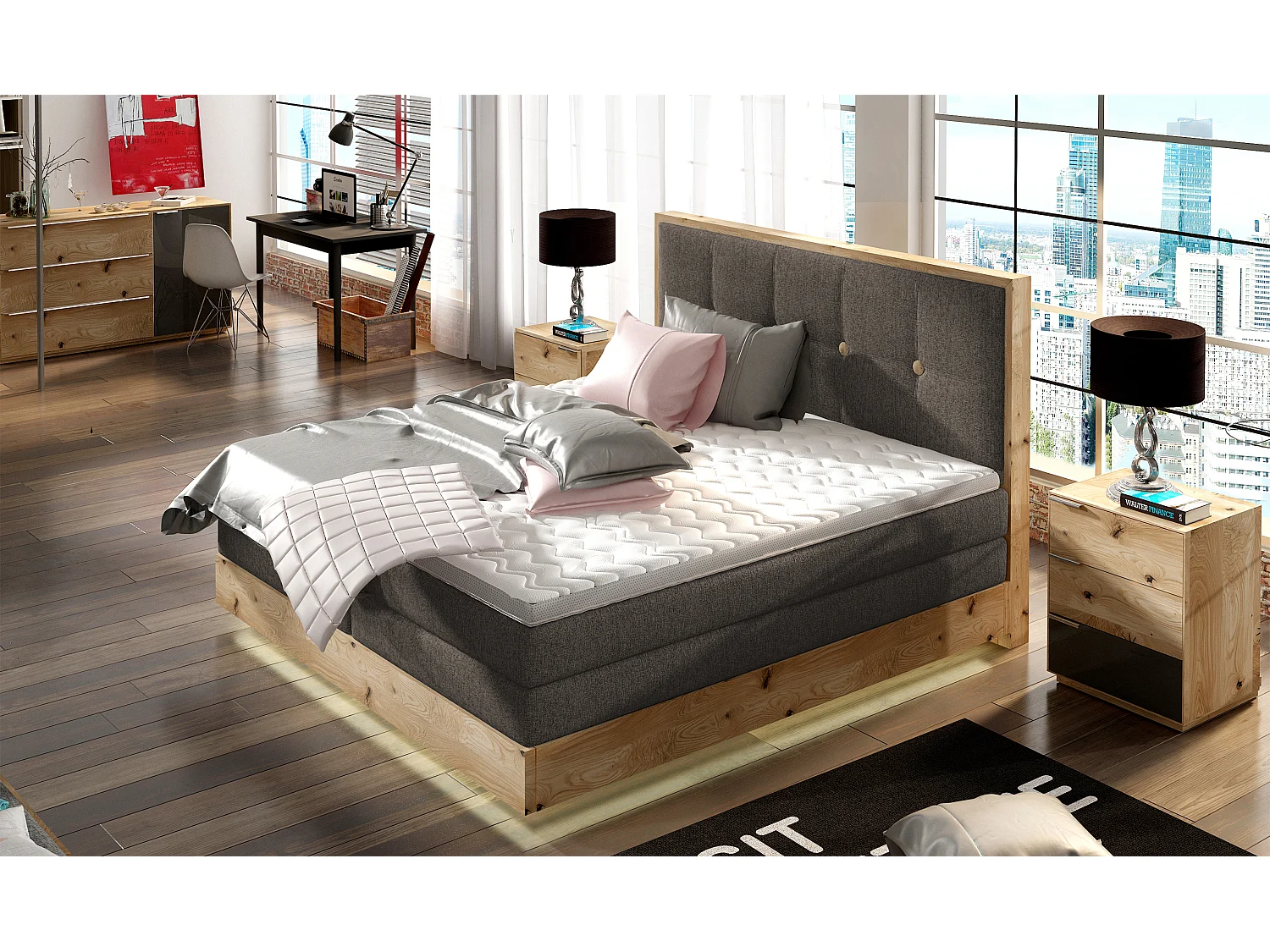 Łóżko Boxspring z litego drewna ze zintegrowanym pojemnikiem na materac i wezgłowiem - Model ETNO lite drewno Premium Comfort 160x200 cm Szary 3862431 - obrazek 1
