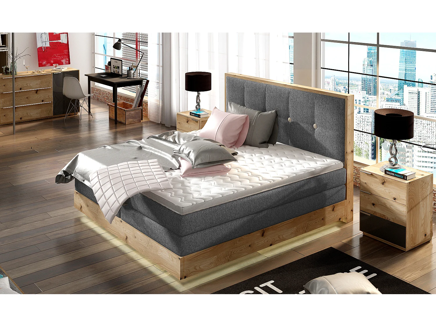 Łóżko Boxspring z litego drewna ze zintegrowanym pojemnikiem na materac i zagłówkiem - Model ETNO lite drewno Premium Comfort 160x200 cm Grafitowy 3862441 - obrazek 1
