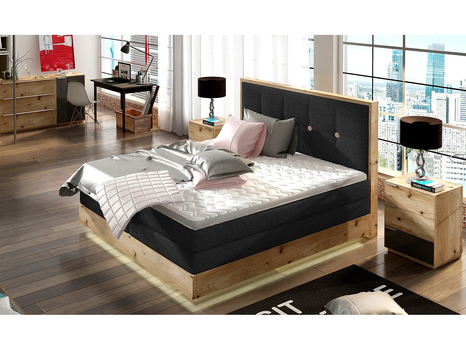 Łóżko Boxspring z litego drewna ze zintegrowanym pojemnikiem na materac i wezgłowiem - model ETNO z litego drewna Premium Comfort 180x200 cm Czarny 3862460 - obrazek 1