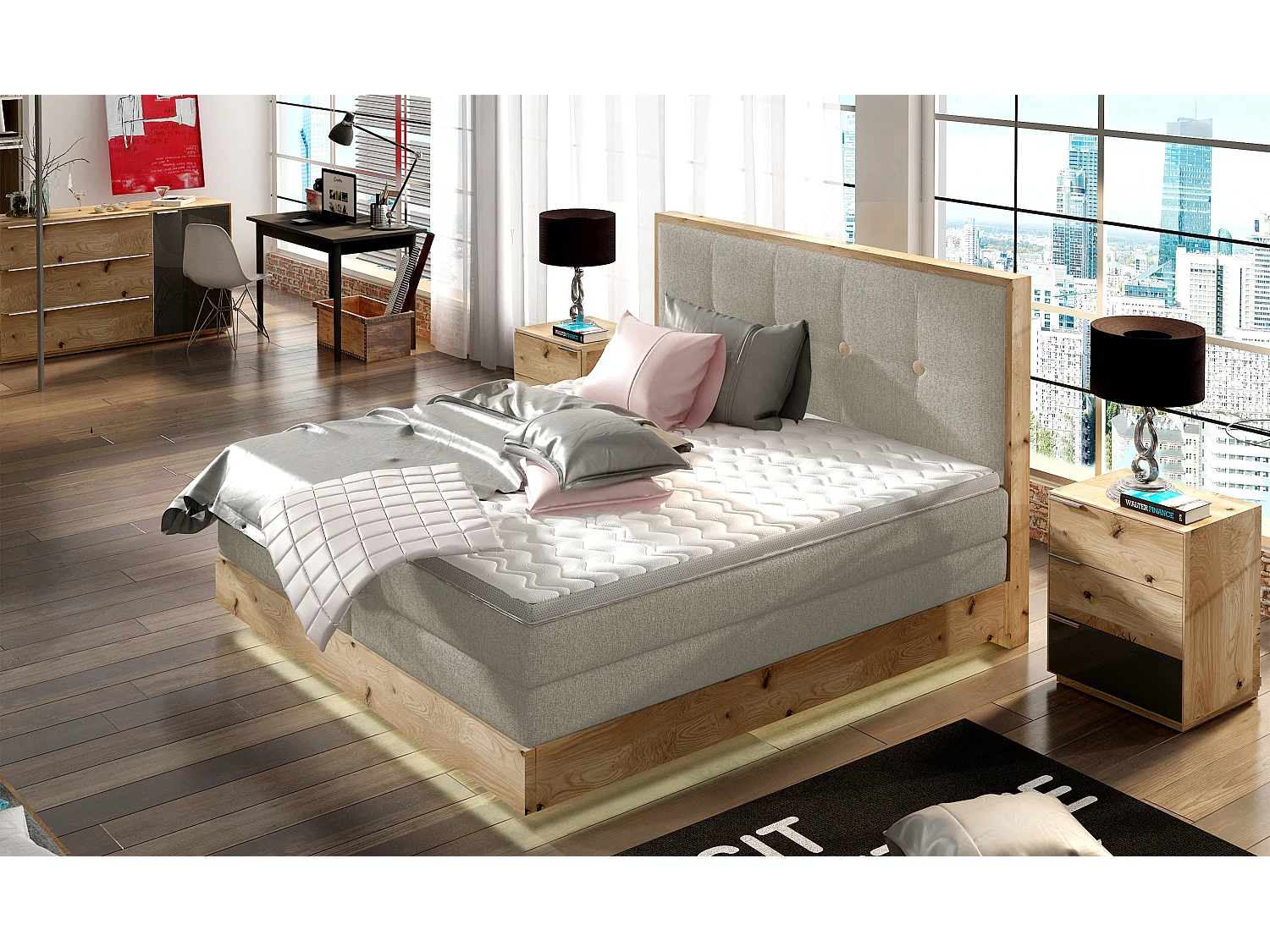 Łóżko Boxspring z litego drewna ze zintegrowanym pojemnikiem na materac i wezgłowiem - Model ETNO lite drewno Premium Comfort 160x200 cm Jesion 3862467 - obrazek 1
