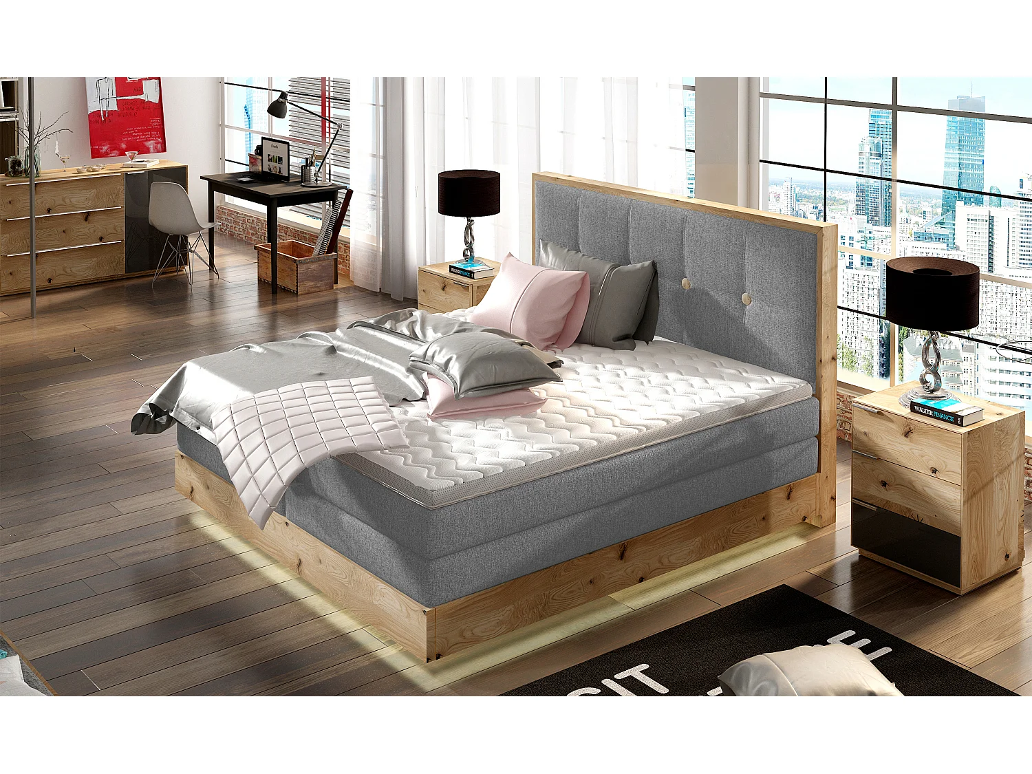 Łóżko Boxspring z litego drewna ze zintegrowanym pojemnikiem na materac i wezgłowiem - model ETNO z litego drewna Premium Comfort 180x200cm Jasnoszary 3862481 - obrazek 1