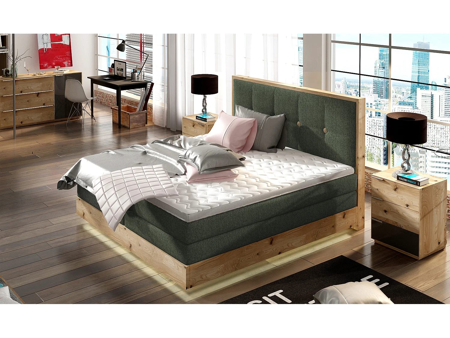 Łóżko Boxspring z litego drewna ze zintegrowanym pojemnikiem na materac i wezgłowiem - Model ETNO lite drewno Premium Comfort 160x200 cm Zielony 3862478 - obrazek 1