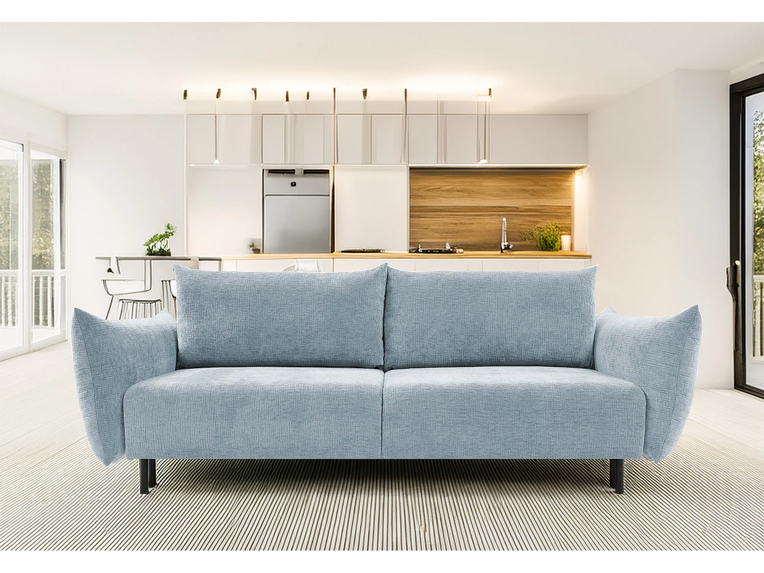 ADEL-Sofa nowoczesna sofa z funkcją spania, pojemnikiem, silikonowe poduszki, sprężyny faliste, NIEBIESKA, 145×200 cm 3870680