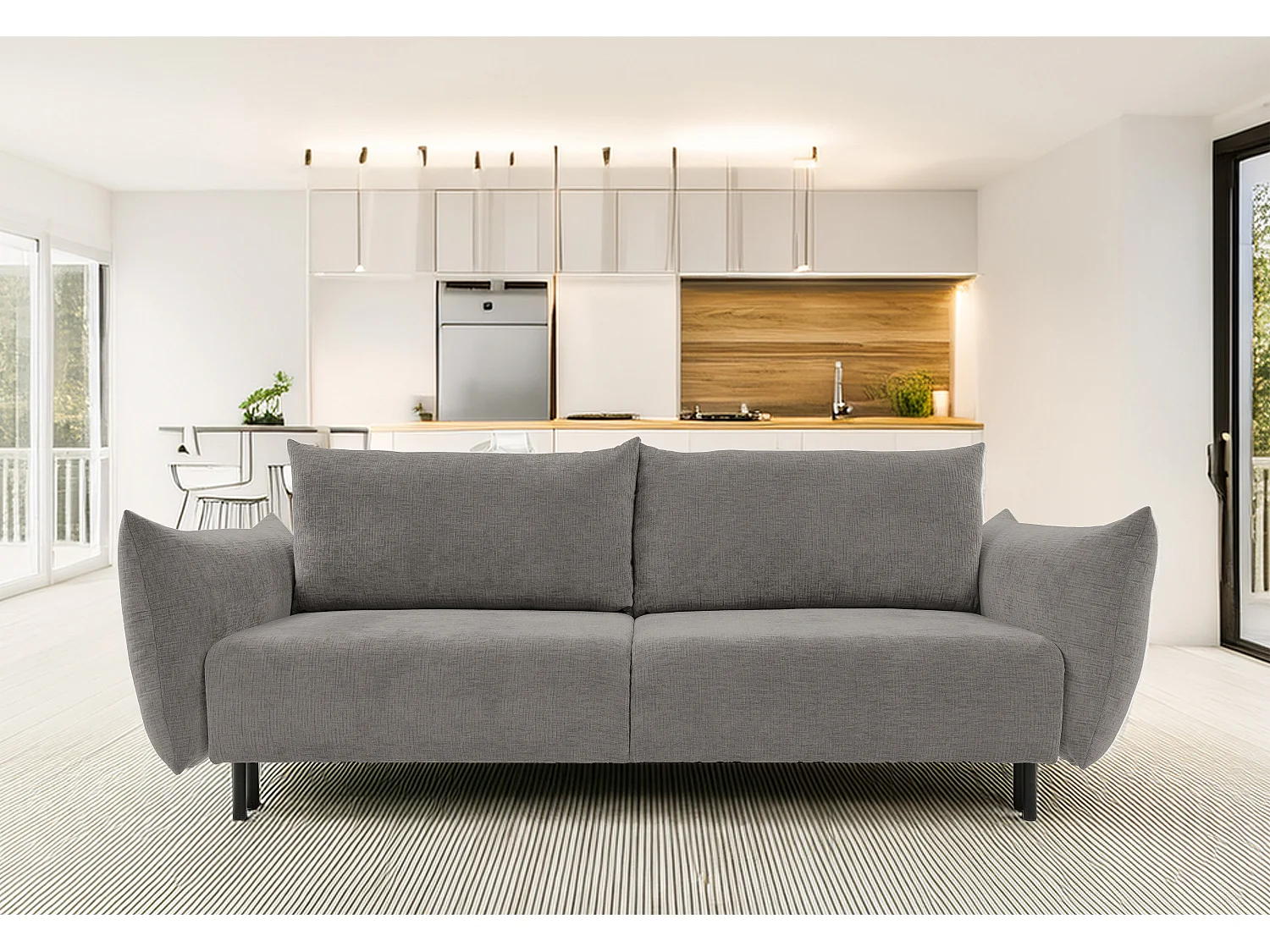 ADEL-Sofa nowoczesna sofa z funkcją spania, pojemnikiem, silikonowe poduszki, sprężyny faliste, JASNY GRAFIT, 145×200 cm 3870682