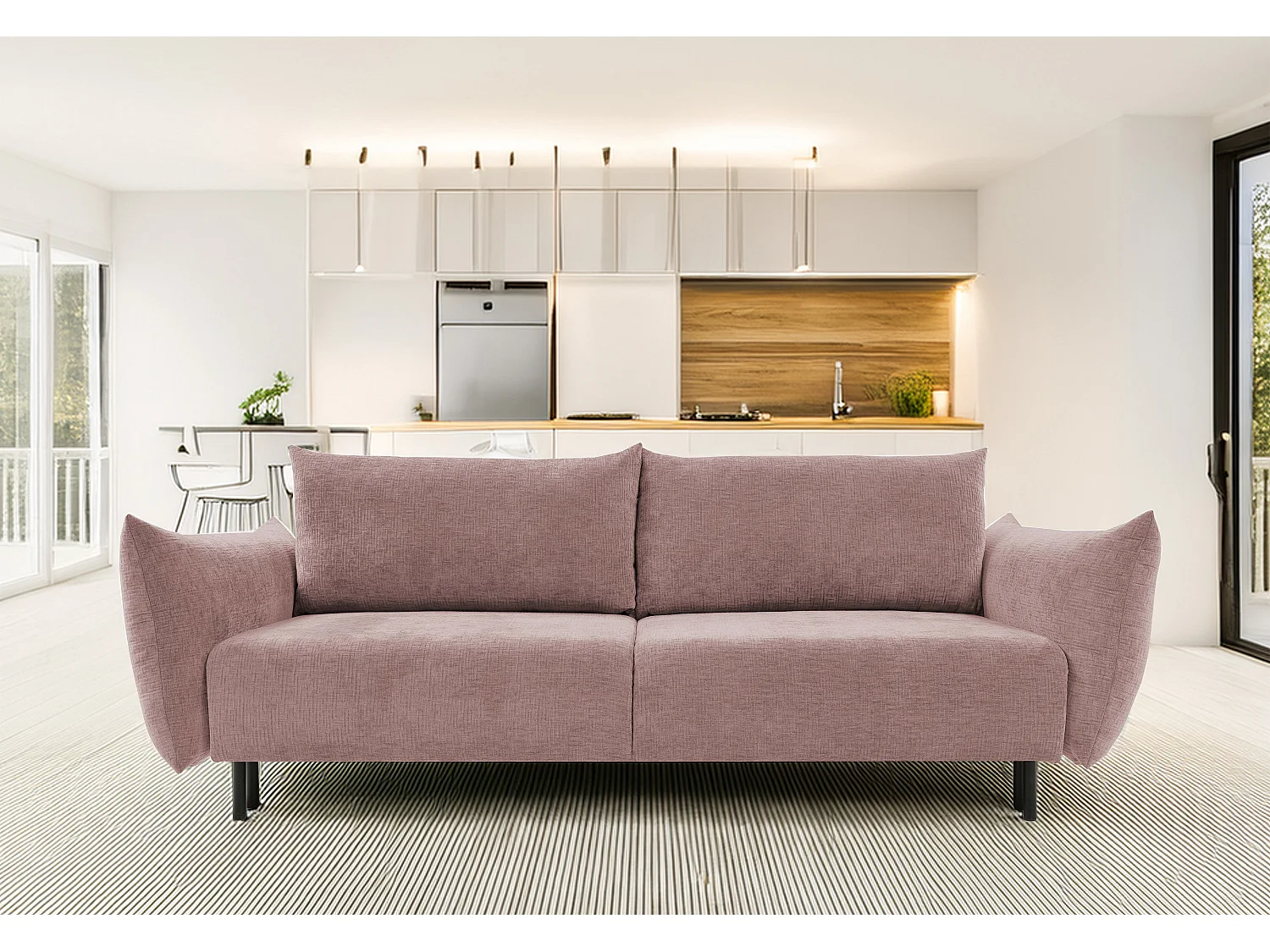 ADEL-Sofa nowoczesna sofa z funkcją spania, pojemnikiem, silikonowe poduszki, sprężyny faliste, CIEMNOCZERWONA, 145×200 cm 3870686