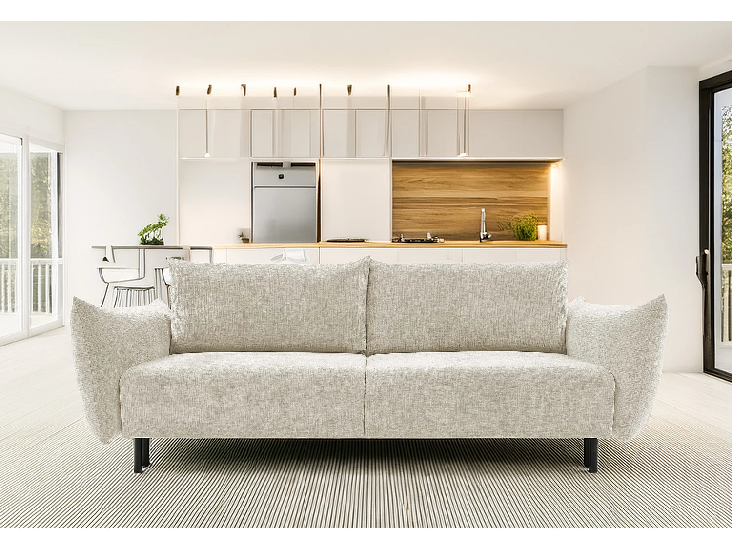 ADEL-Sofa nowoczesna sofa z funkcją spania, pojemnikiem, silikonowe poduszki, sprężyny faliste, ECRU, 145×200 cm 3870756