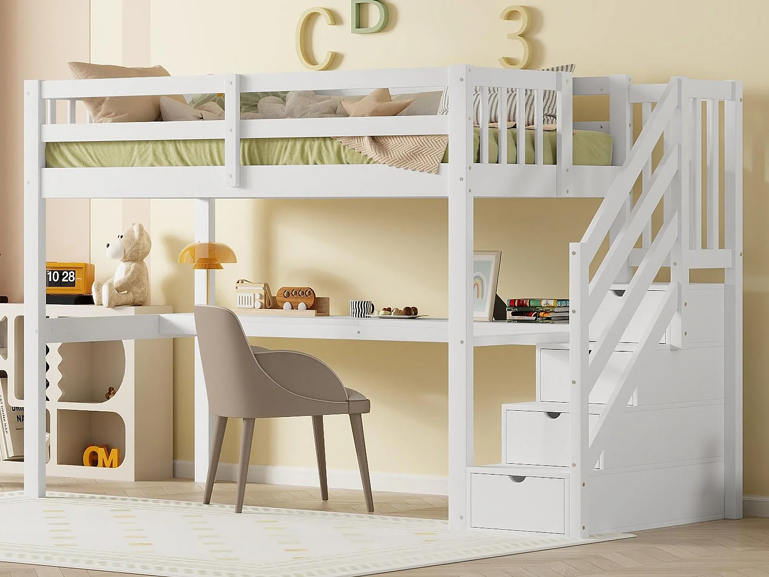 Łóżko mezzanine z drewna sosnowego - 90x200cm - z schodami do przechowywania i biurkiem - z stelażem na listwy - Białe 1722379 - obrazek 1