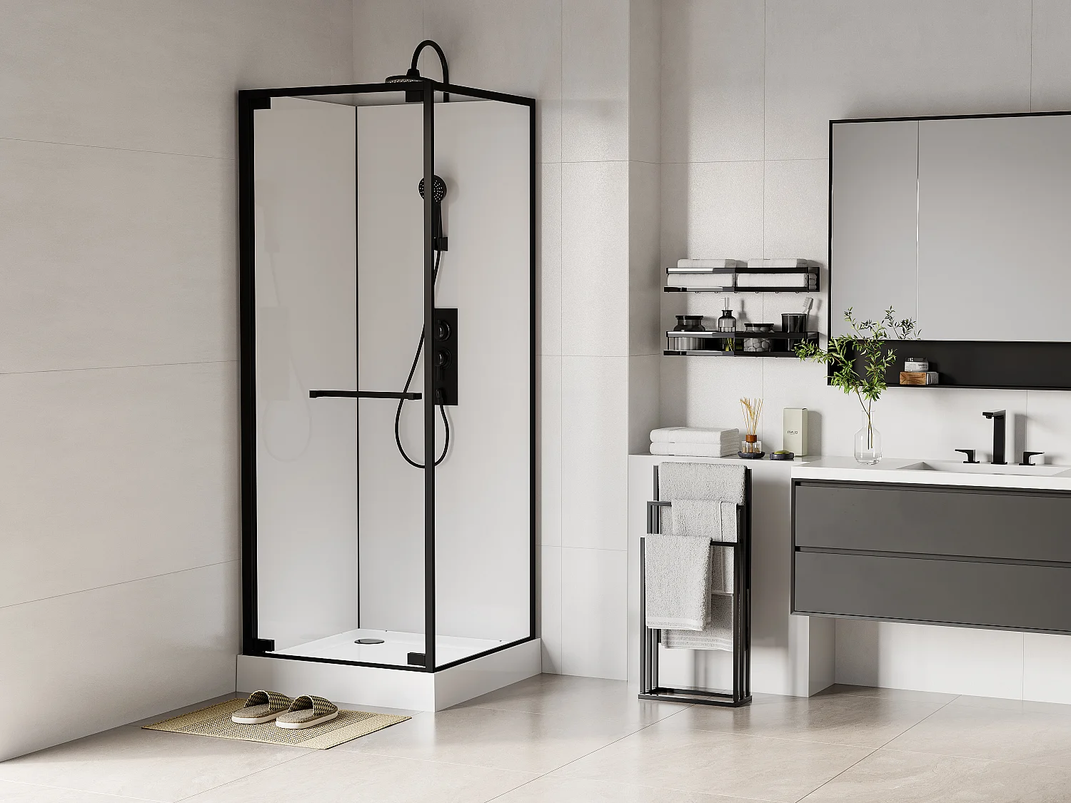Kabina prysznicowa z dwustronnie montowanymi drzwiami – Regulowana wysokość – Biały i czarny – szer. 80 x gł. 80 x wys. 213/232 cm – BADONI 3235513