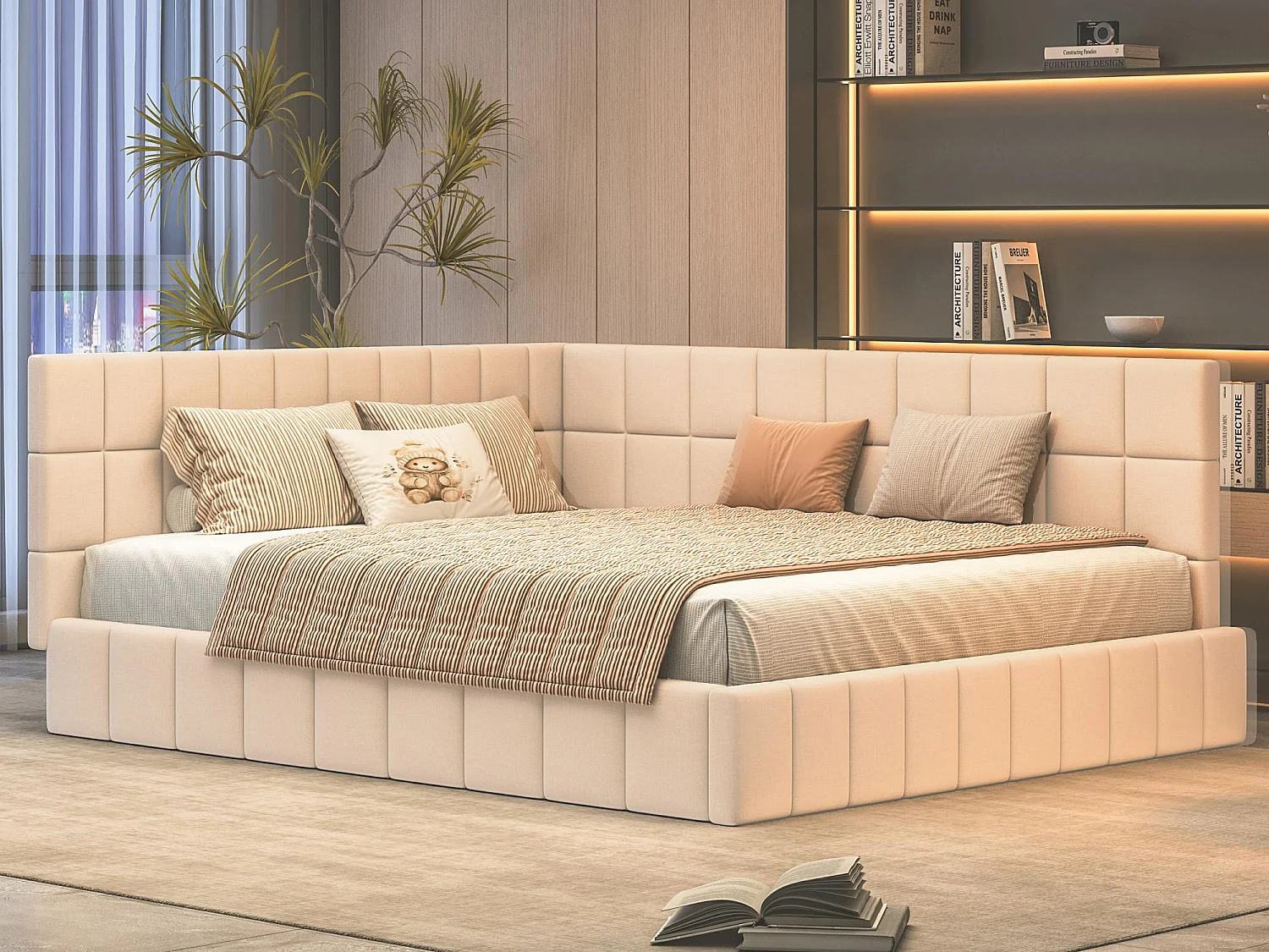Łóżko dwuosobowe 160x200cm z weluru z barierką i stelażem na listwy - Beżowe 3879334 - obrazek 1