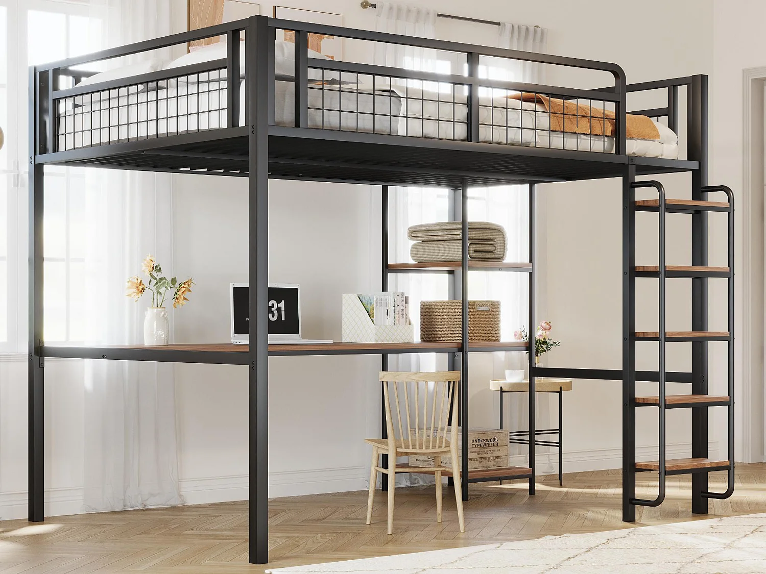 Łóżko mezzanine metalowe 140x200 cm - z biurkiem i drabiną bezpieczeństwa - Czarne 3887351 - obrazek 1