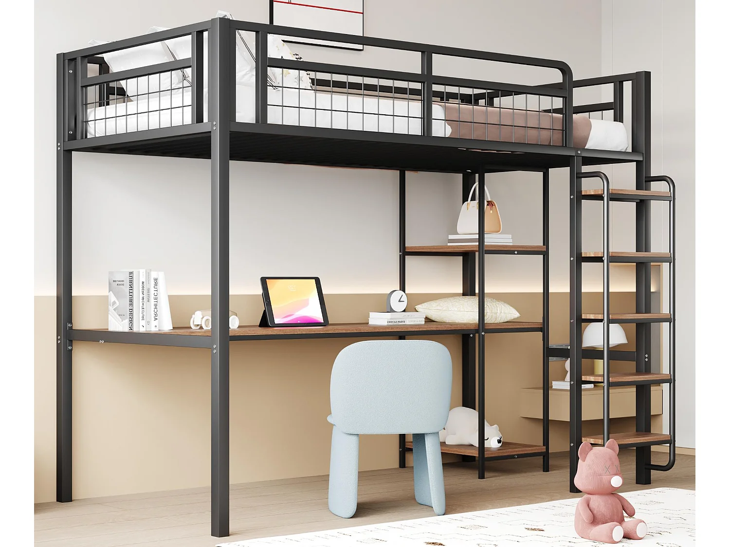 Łóżko mezzanine metalowe 90x200 cm - z biurkiem i drabiną bezpieczeństwa - Czarne 3887356 - obrazek 1