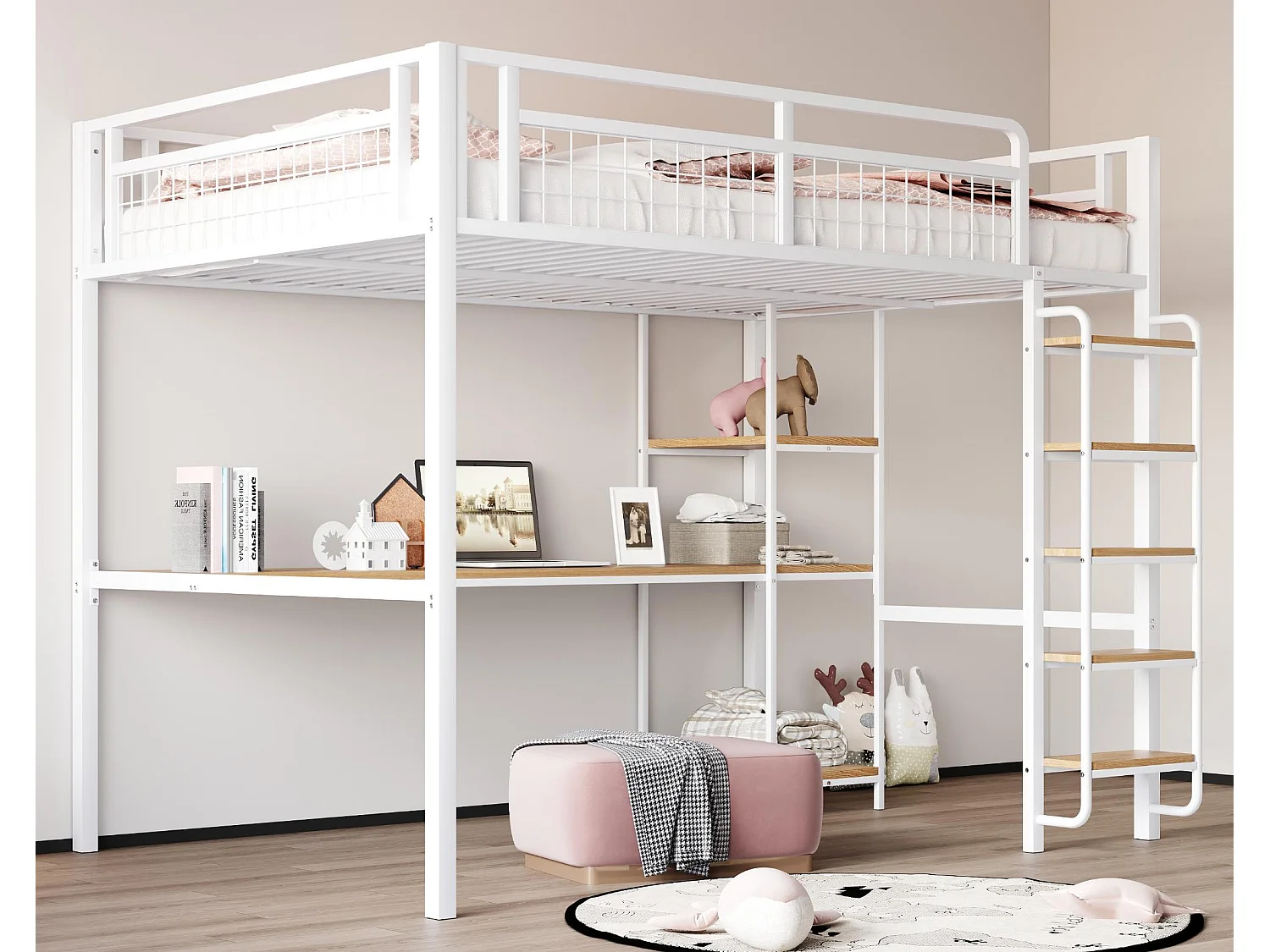 Łóżko mezzanine metalowe 140x200 cm - z biurkiem i drabiną bezpieczeństwa - Białe 3887359 - obrazek 1