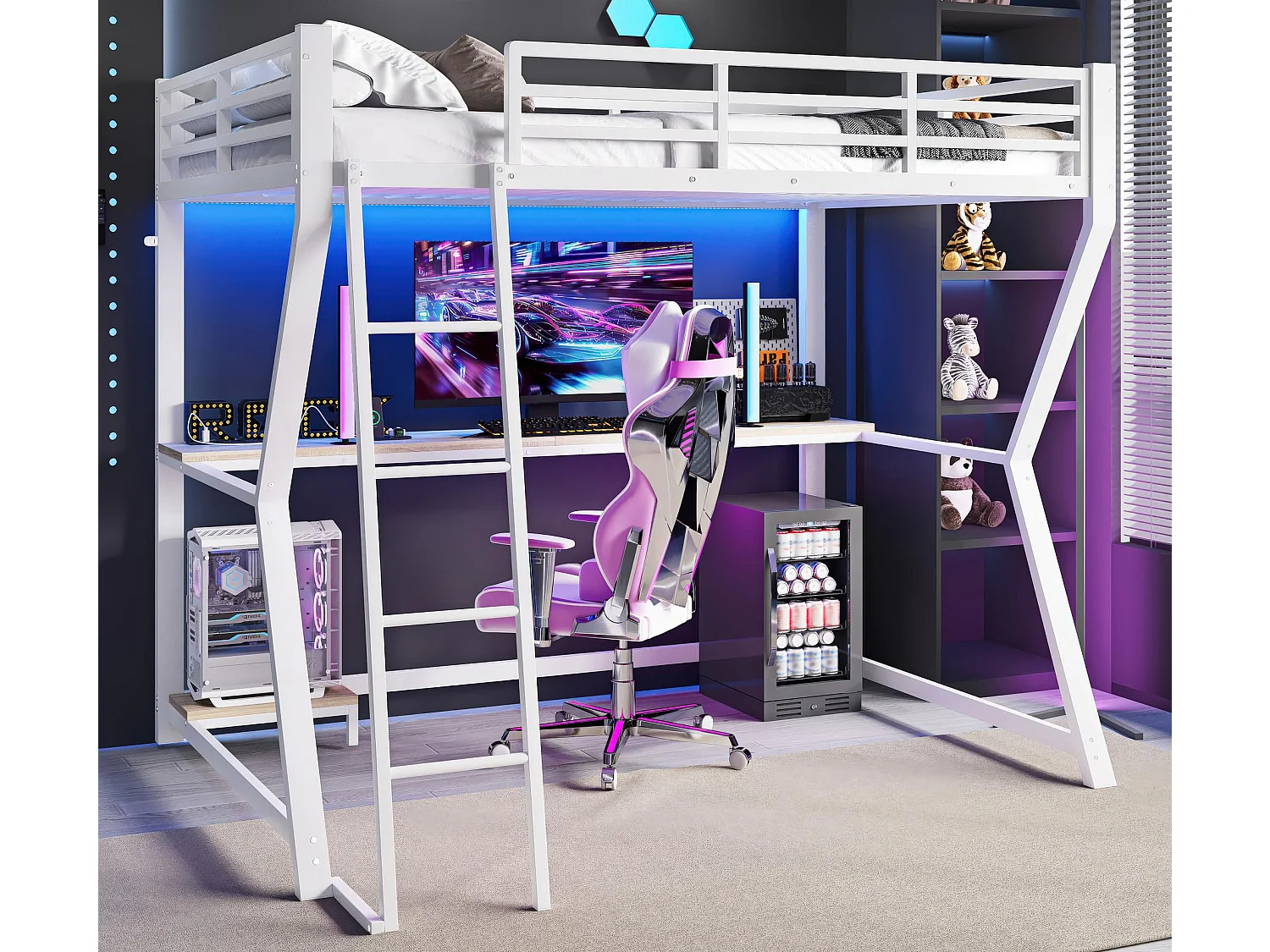 Łóżko mezzanine 90x200cm z LED i gniazdkami - biurko + schody - Białe 3887370 - obrazek 1
