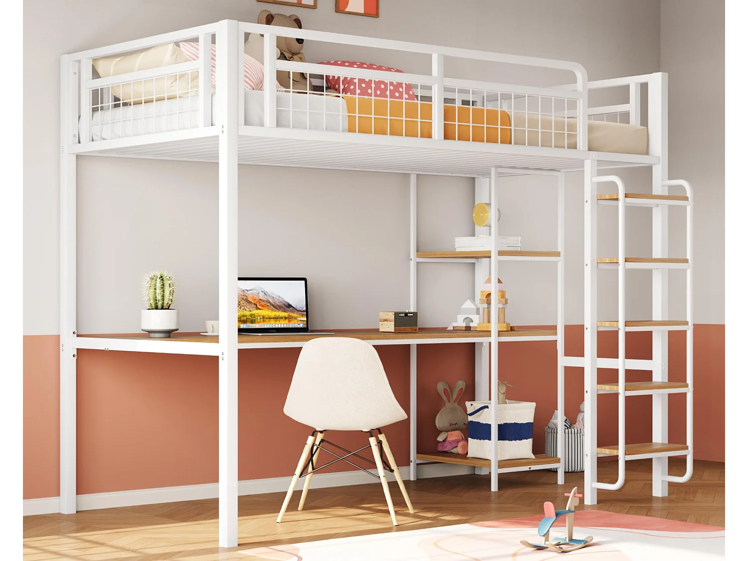 Łóżko mezzanine metalowe 90x200 cm - z biurkiem i drabiną bezpieczeństwa - Białe 3887375 - obrazek 1