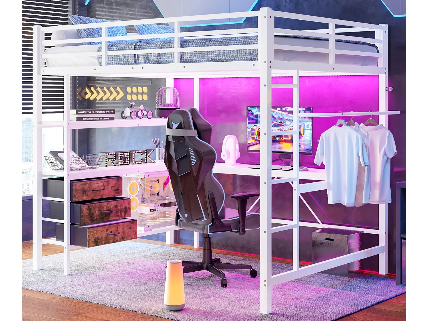 Łóżko mezzanine 140x200cm z LED i gniazdkami - biurko z 3 szufladami i półką - Białe 3887373 - obrazek 1