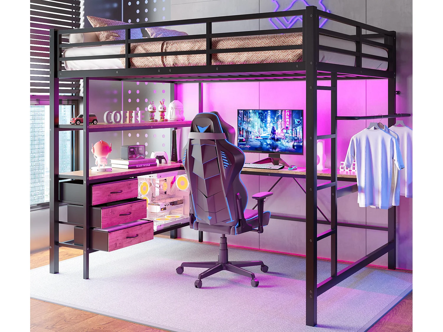 Łóżko mezzanine 140x200cm z LED i gniazdkami - biurko z 3 szufladami i półką - Czarne 3887376 - obrazek 1