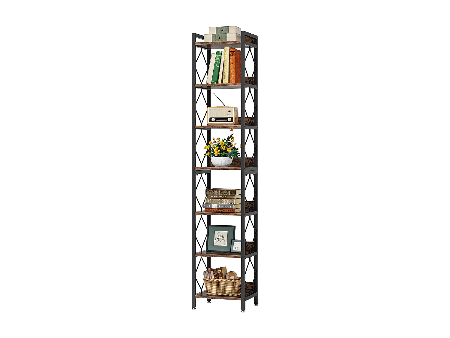 200 cm bardzo wysoka wąska biblioteczka, 7-poziomowa wąska biblioteczka do małych przestrzeni, wolnostojące półki, rustykalny brąz 3884715