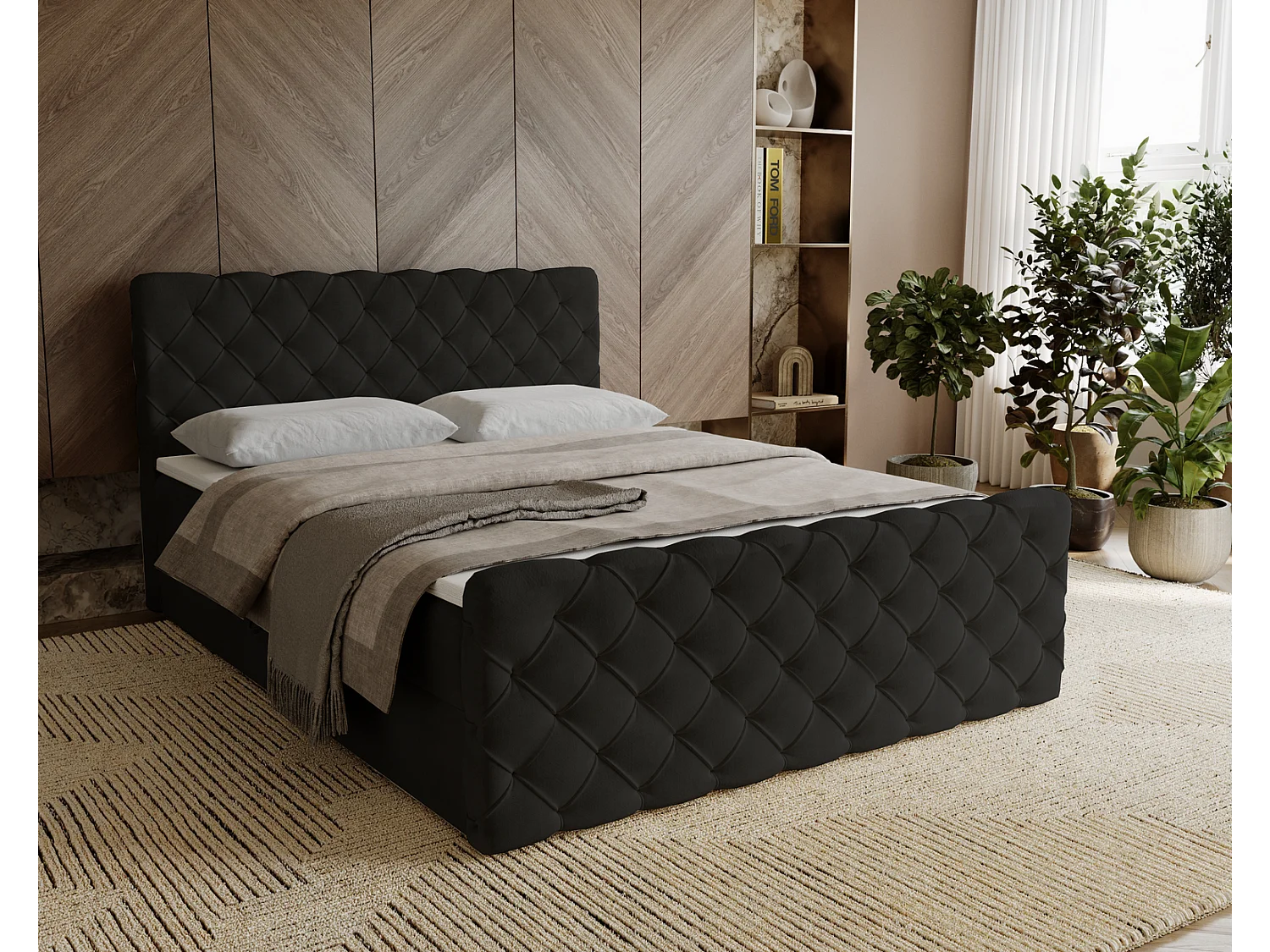 Łóżko kontynentalne 160x200 Portofino z topperem i materacem H3, aksamitne łóżko małżeńskie, czarne 3910512 - obrazek 1