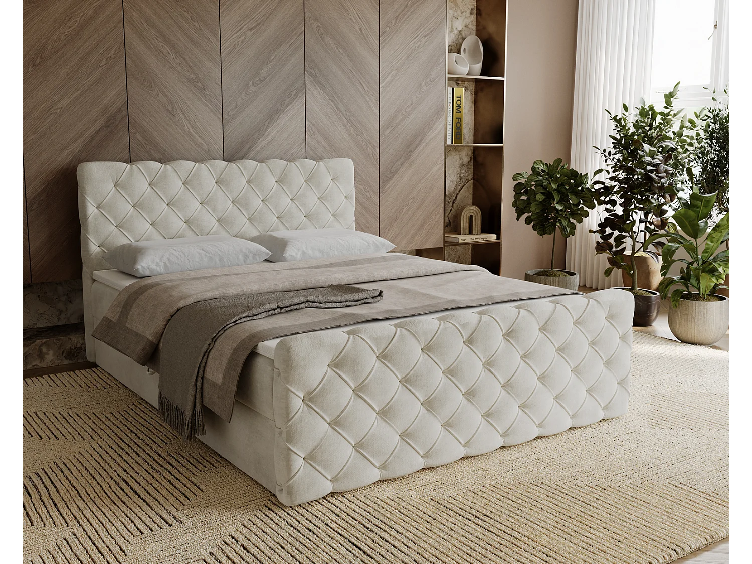Łóżko kontynentalne 160x200 Portofino z topperem i materacem H3, aksamitne łóżko małżeńskie, kremowe 3910519 - obrazek 1