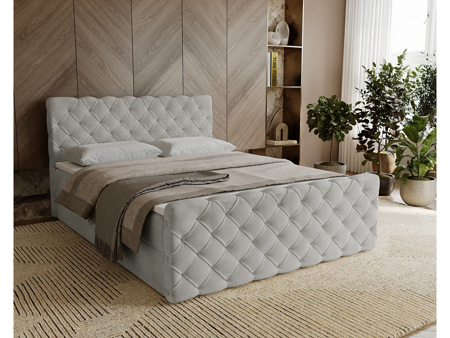Łóżko kontynentalne 160x200 Portofino z topperem i materacem H3, aksamitne łóżko małżeńskie, jasnoszare 3910529 - obrazek 1