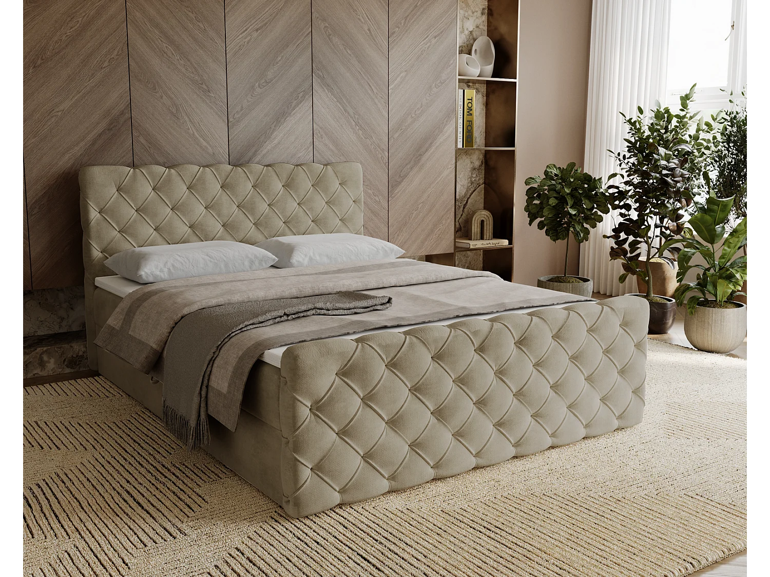Łóżko kontynentalne 160x200 Portofino z topperem i materacem H3, aksamitne łóżko małżeńskie, beżowe 3910534 - obrazek 1