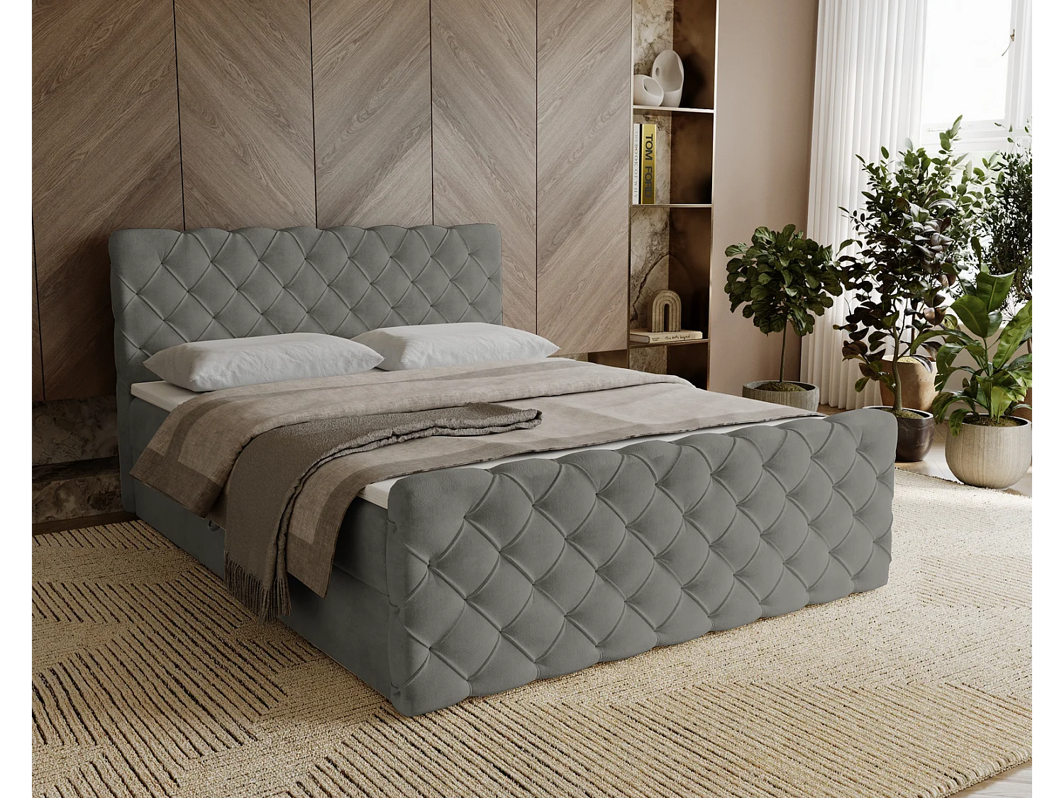Łóżko kontynentalne 140x200 Portofino z topperem i materacem H3, aksamitne łóżko małżeńskie, szare 3910535 - obrazek 1