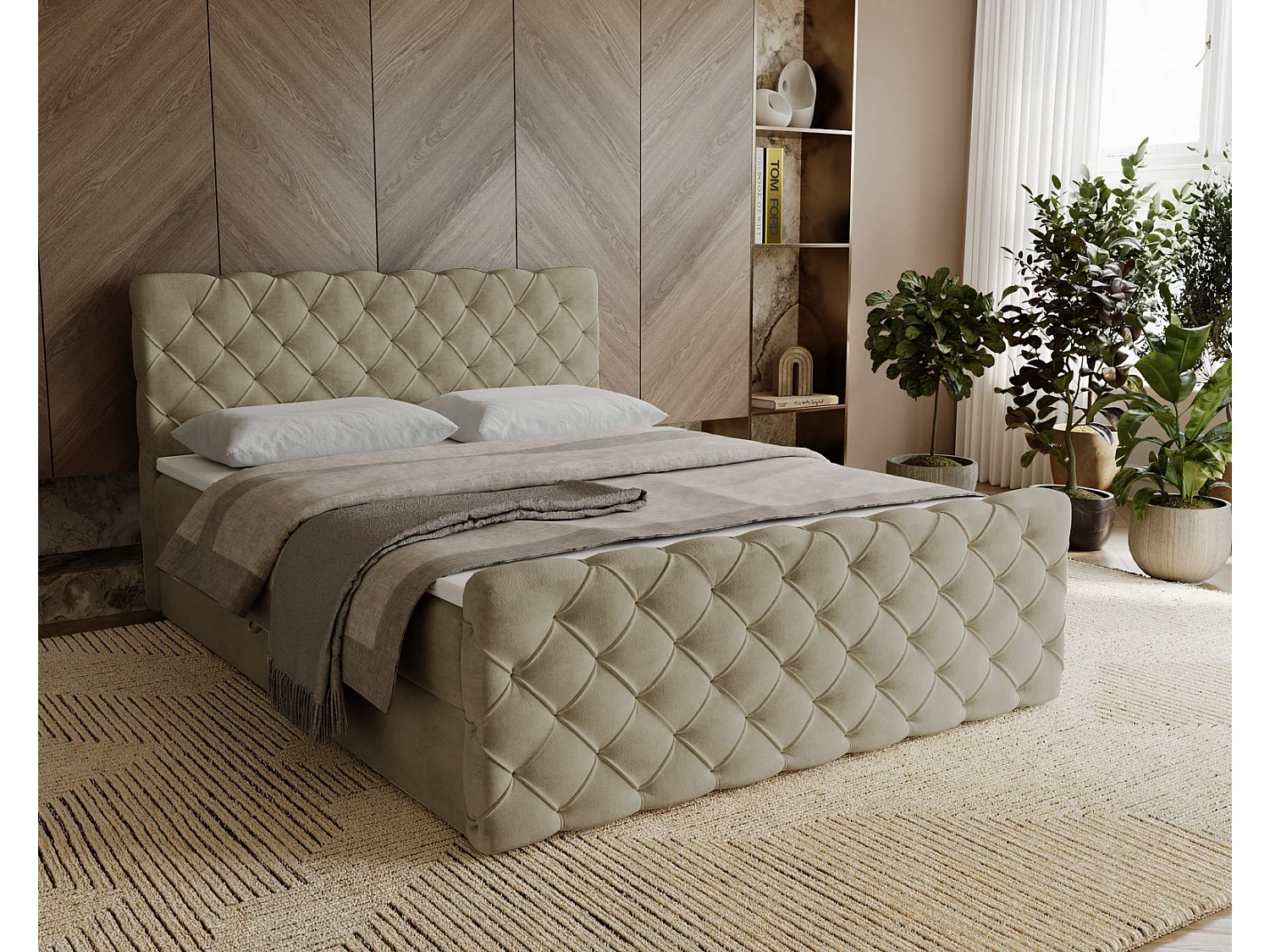 Łóżko kontynentalne 140x200 Portofino z topperem i materacem H3, aksamitne łóżko małżeńskie, beżowe 3910537 - obrazek 1