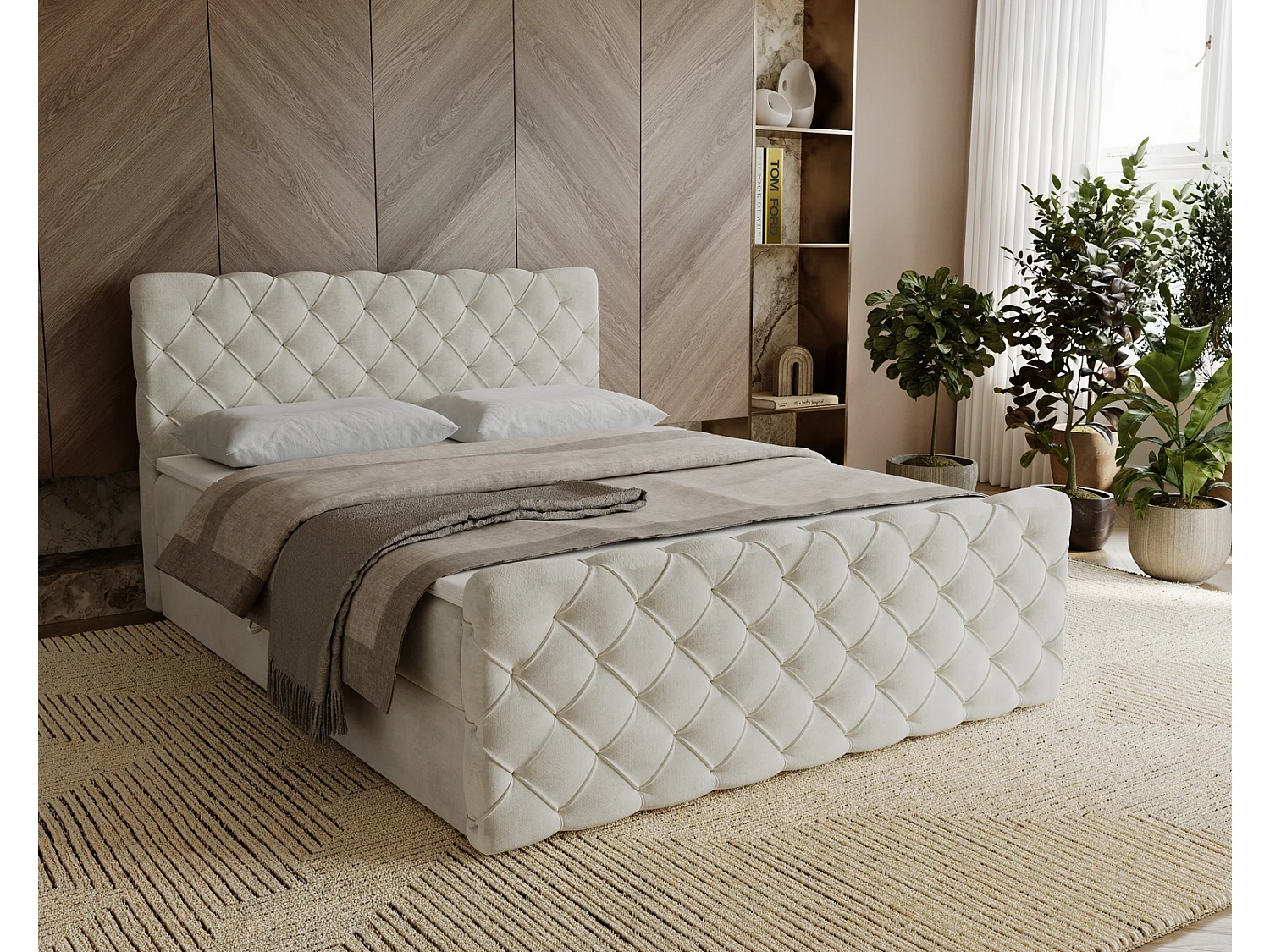 Łóżko kontynentalne 180x200 Portofino z topperem i materacem H3, aksamitne łóżko małżeńskie, kremowe 3910543 - obrazek 1