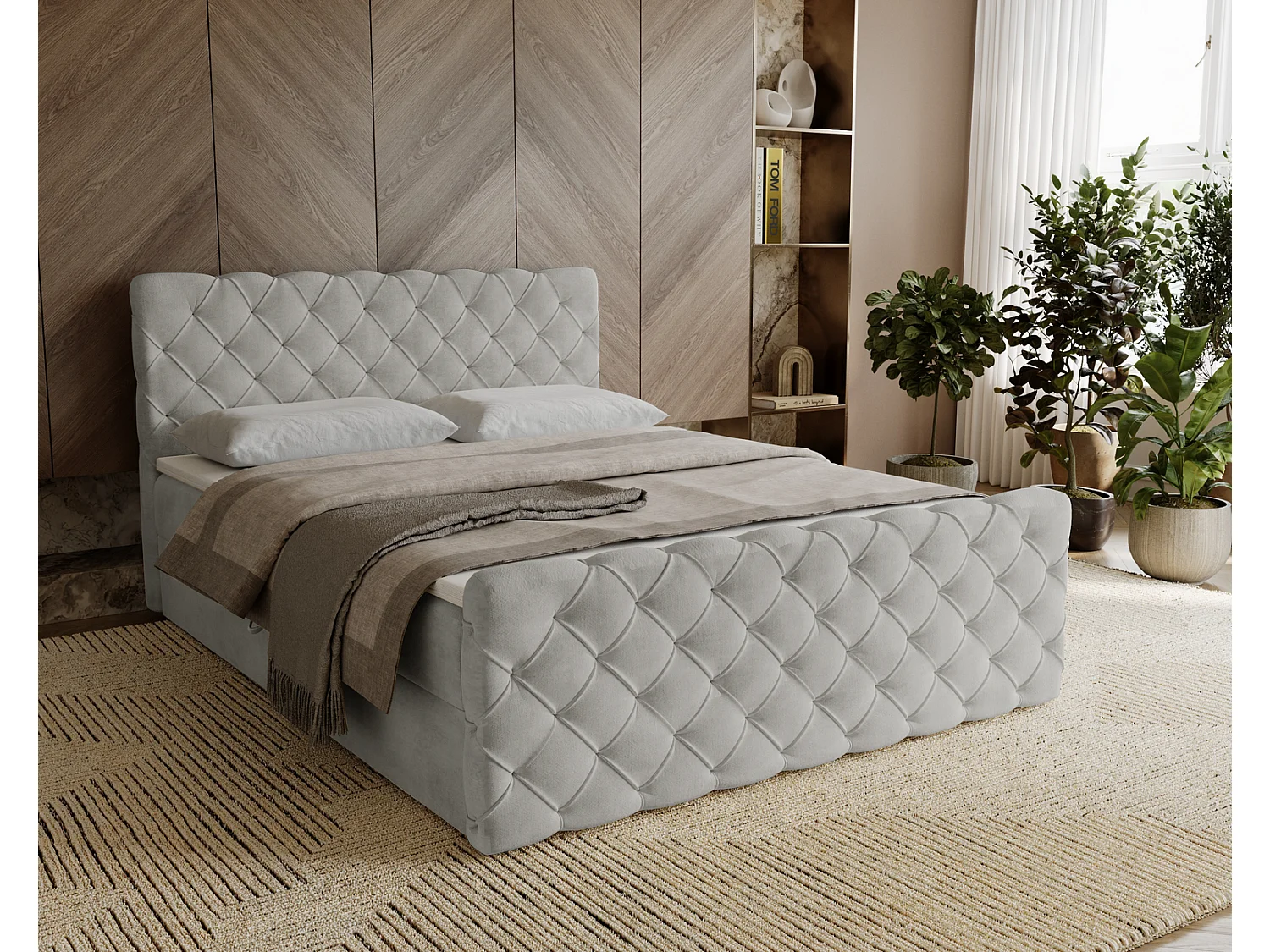 Łóżko kontynentalne 140x200 Portofino z topperem i materacem H3, aksamitne łóżko małżeńskie, jasnoszare 3910542 - obrazek 1