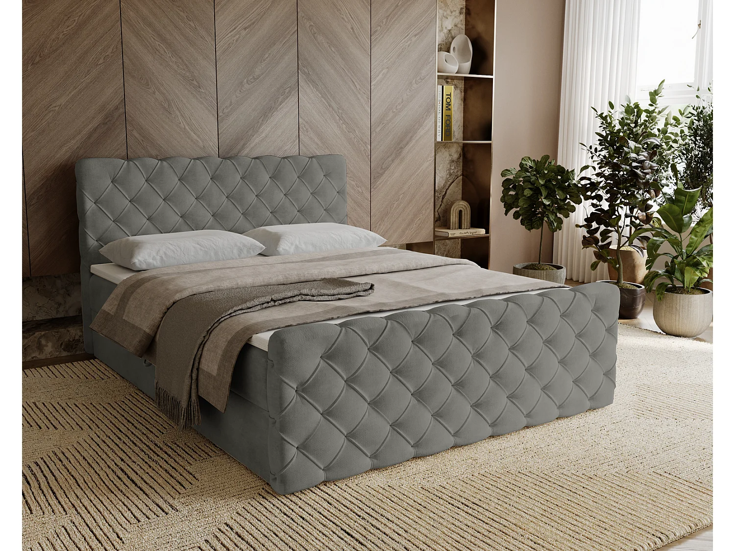 Łóżko kontynentalne 180x200 Portofino z topperem i materacem H3, aksamitne łóżko małżeńskie, szare 3910547 - obrazek 1