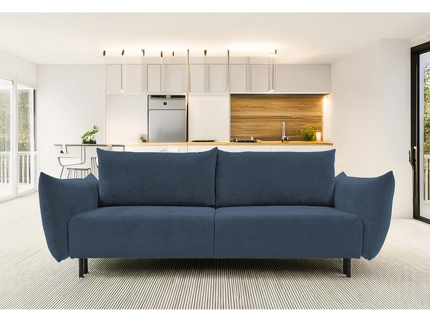 ADEL-Sofa nowoczesna sofa z funkcją spania, pojemnikiem, silikonowe poduszki, sprężyny faliste, MORSKA, 145×200 cm 3911926