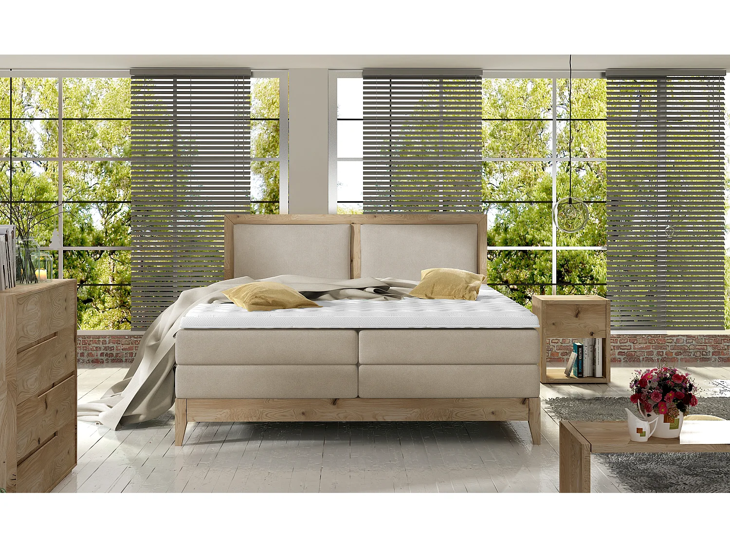 Łóżko kontynentalne BELIZE z naturalnego litego dębu, 180x200, ergonomiczny materac z nakładką z zimnej pianki, wykończenie drewniane, beżowy 3912274 - obrazek 1