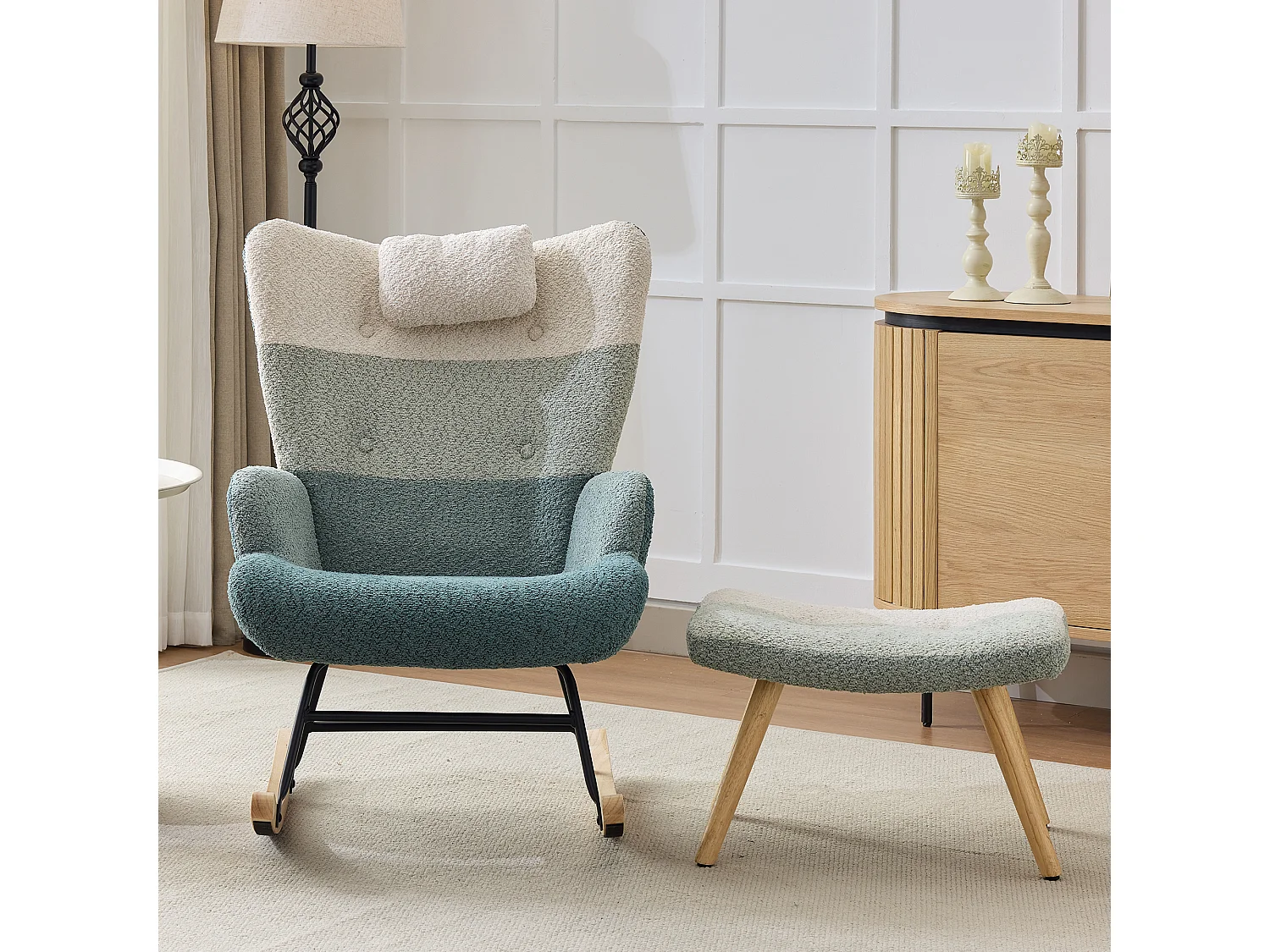 Fotel bujany z tkaniny Bouclé z podnóżkiem i zagłówkiem - 65,5 x 83 x 95 cm - wielokolorowy 3913089 - obrazek 1