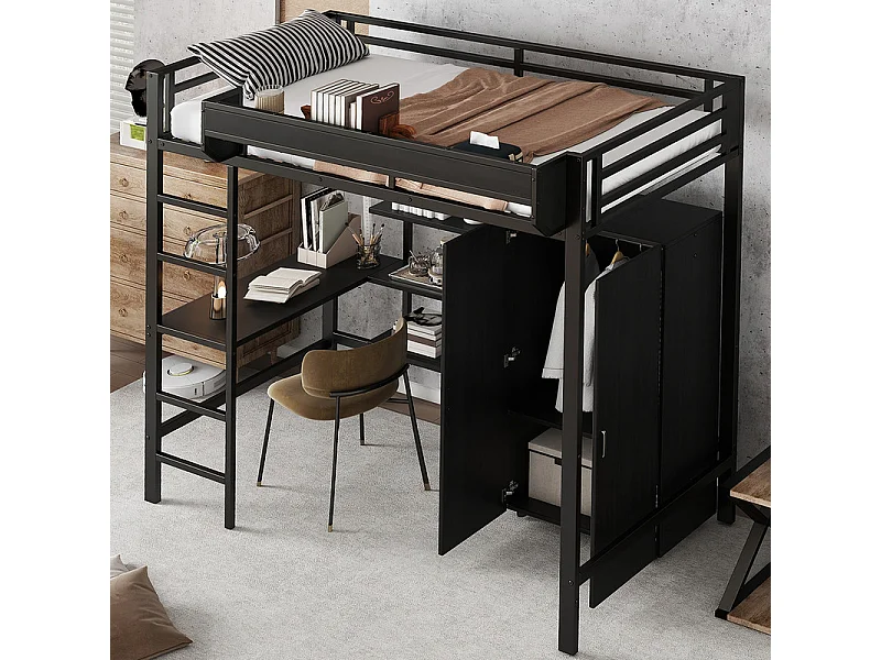 Łóżko mezzanine 90x200 cm - z biurkiem - z szafą - z wieloma schowkami - z drabiną 5 stopni - metal + płyty wiórowe - czarne (bez materaca) 3954482 - obrazek 1