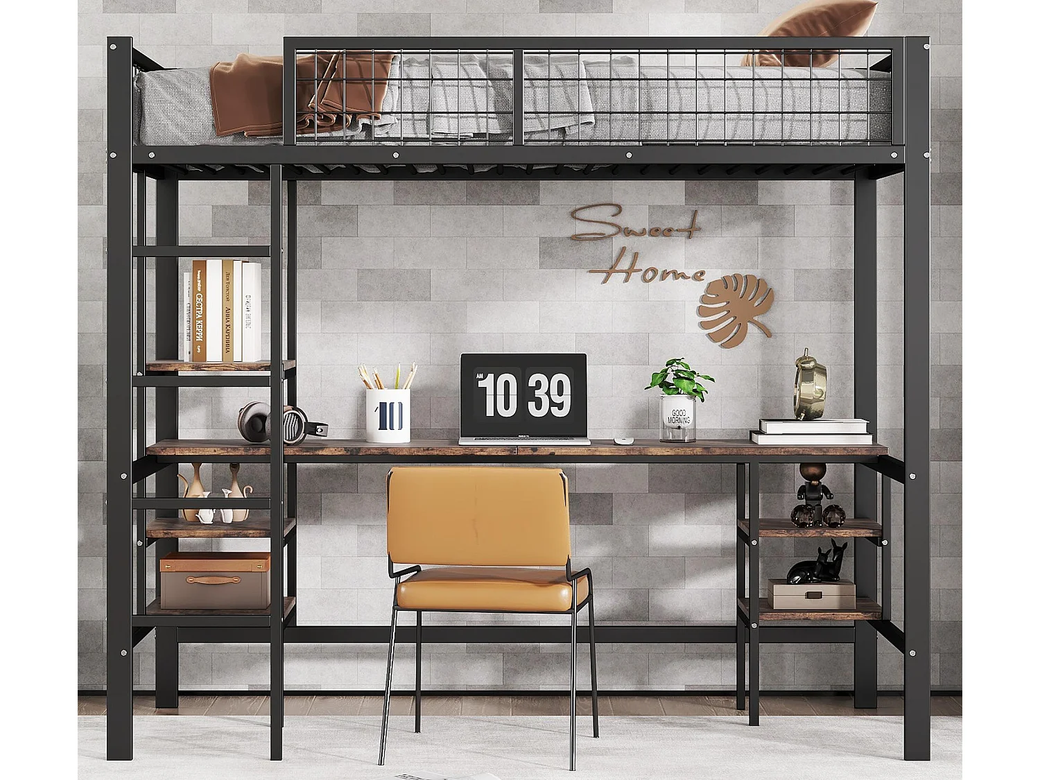 Łóżko mezzanine 90x200cm - z biurkiem + półką - z drabiną czterostopniową - żelazo + panele wiórowe - czarne (bez materaca) 3954481 - obrazek 1