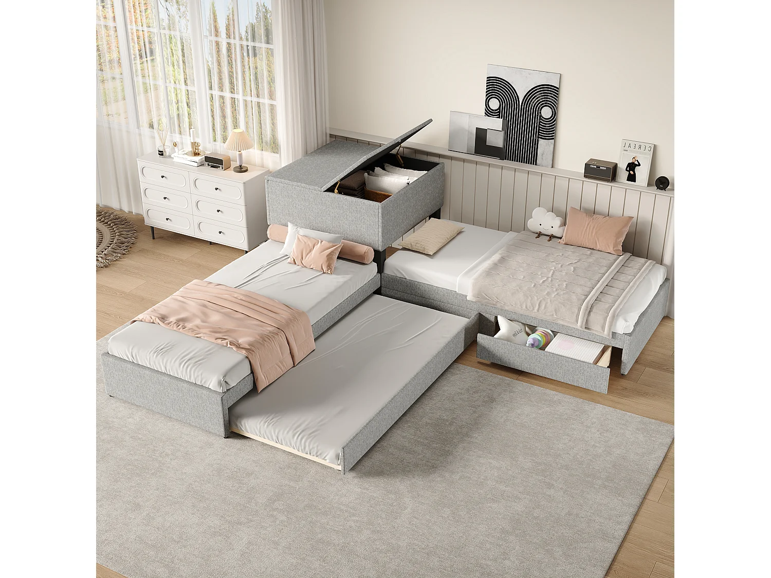 Łóżko narożne 2 x 90 x 200 cm + łóżko wysuwane 90 x 190 cm – 2 szuflady i szafka do przechowywania – Tkanina lniana – Szary (bez materaca) 3957627